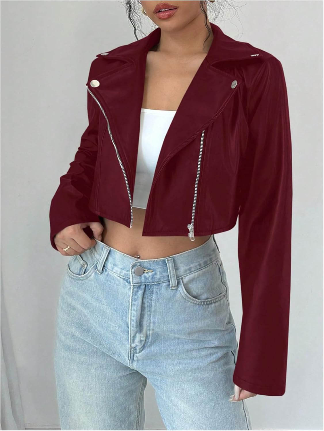 OYOANGLE Women's PU Leather Cropped Jacket Zip Up Motorcycle Jackets Coat - Image 4