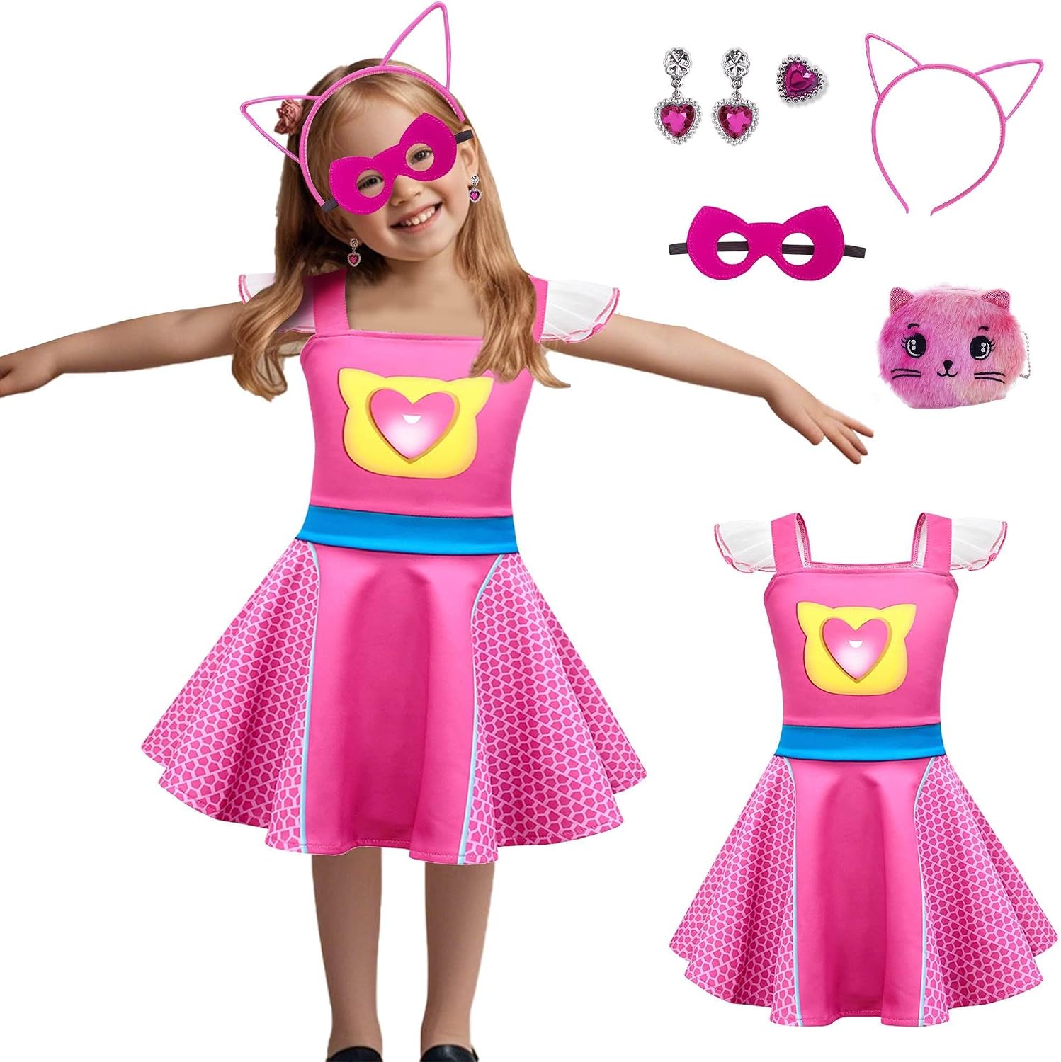 Cat Theme Lace Sleeves Dress Set with Headband, Mask, Earrings,Ring & Wallet - Cartoon Costume for Parties & Daily Wear