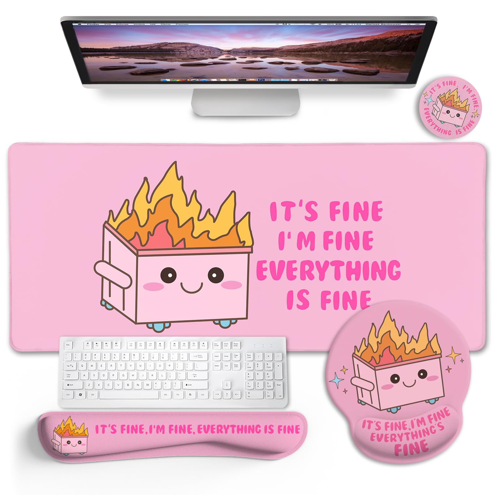 Blusabaca Dumpster on Fire Mouse Pad Desk Pad, Funny Cute Desk Mat Large Gaming Mouse Pad with Wrist Rest, Keyboard Pad Wrist Rest Ergonomic, Cup