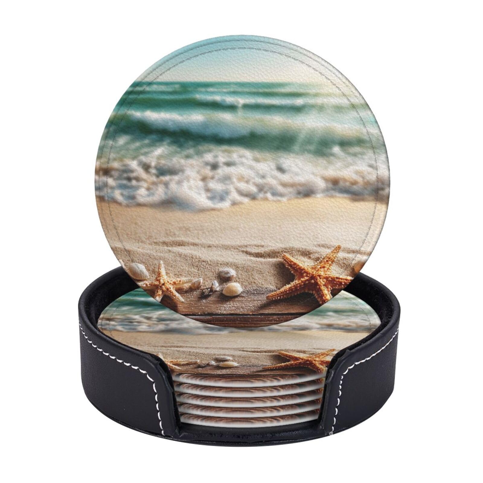 Drink Coasters 6Pcs Round Leather Coaster with Holder Ocean Beach Theme Coasters for Drinks Coffee Cup Mat Heat Resistant Coaster for Tabletop Protection Desk Accessories Office Home Decor