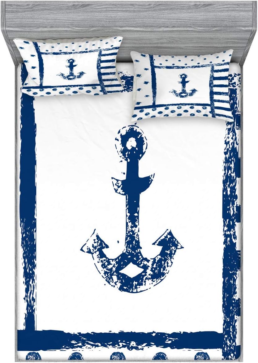Ambesonne Anchor Fitted Sheet & Pillow Sham Set, Grunge Murky Boat Marine Silhouette Polka and Stripe Retro Navy Theme Art, Decorative Printed 3 Piece Bedding Decor Set, Queen, Dark Blue White