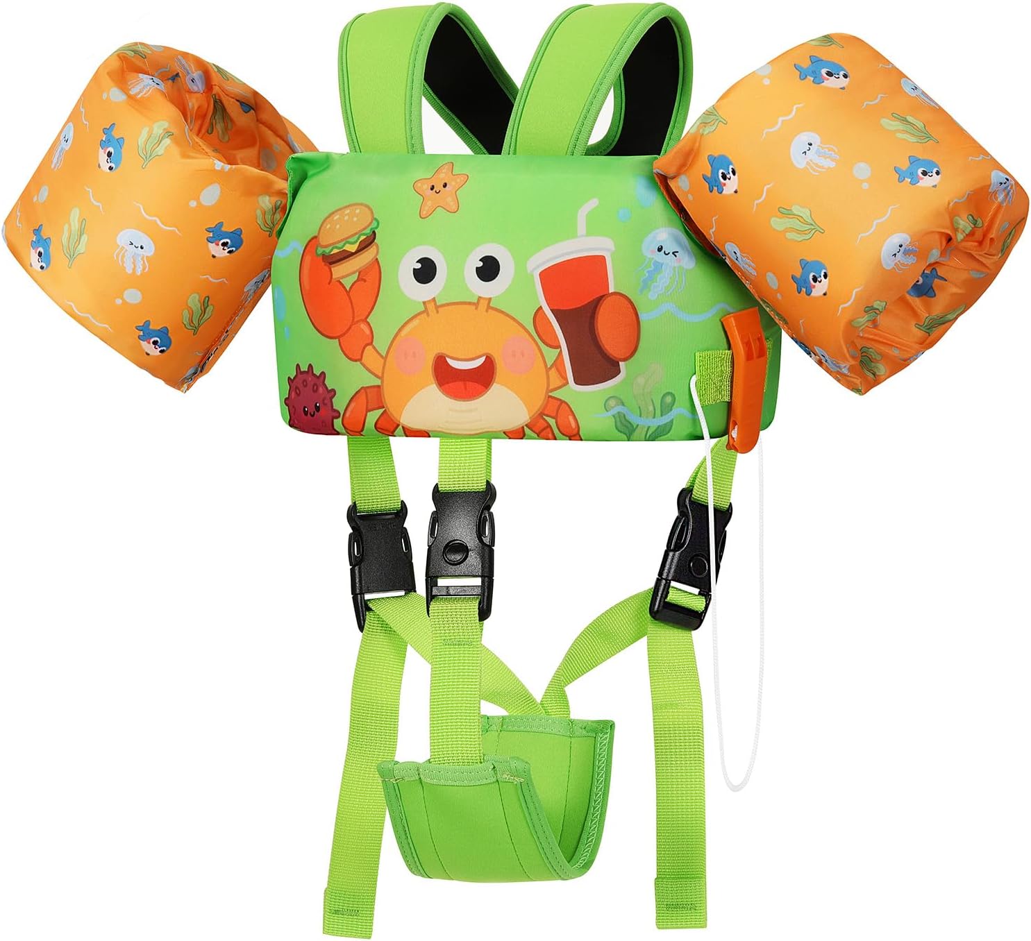 MoKo Kids Swimming Vest, Toddler Floaties, Arm Band Floaties with Adjustable Strap, Swim Jacket Water Wing Pool Float, Water Sports Learning Swim Training Equipment, Green Burger Cola Crab