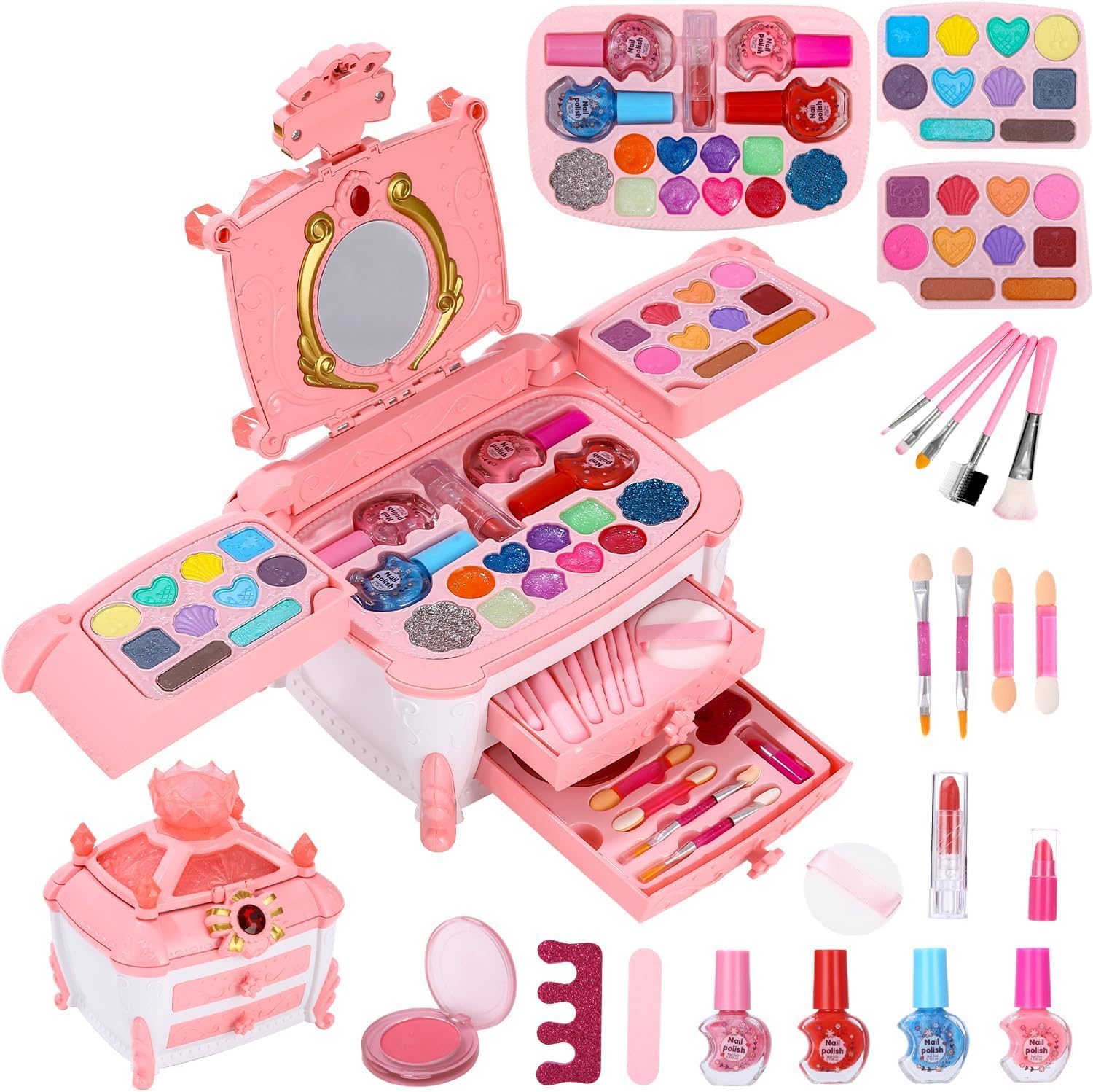 Maquillaje para Niña, 47 Piezas Set de Maletin Maquillaje Lavable Niñas, Kit Maquillaje No Tóxica, Tocador de Maquillaje Niña para 4 5 6 8 1012 años de Edad Regalos Niñas de Cumpleaños y Navidad