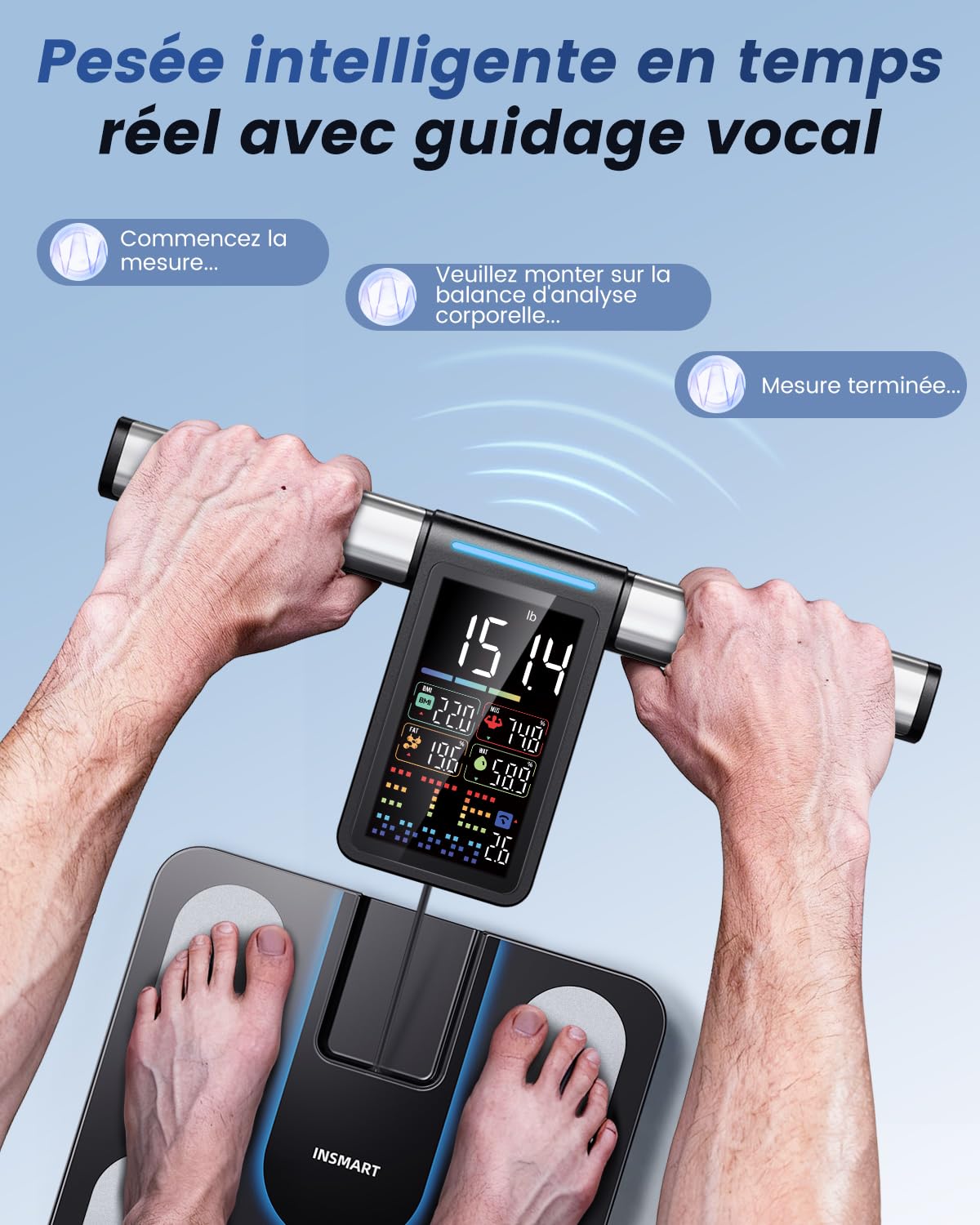 INSMART Pese Personne Intelligent, Balance Pese Personnes à 8 électrodes avec IMC, masse graisseuse et masse musculaire, analyseur de composition corporelle 56, balance à plate-forme plus grande