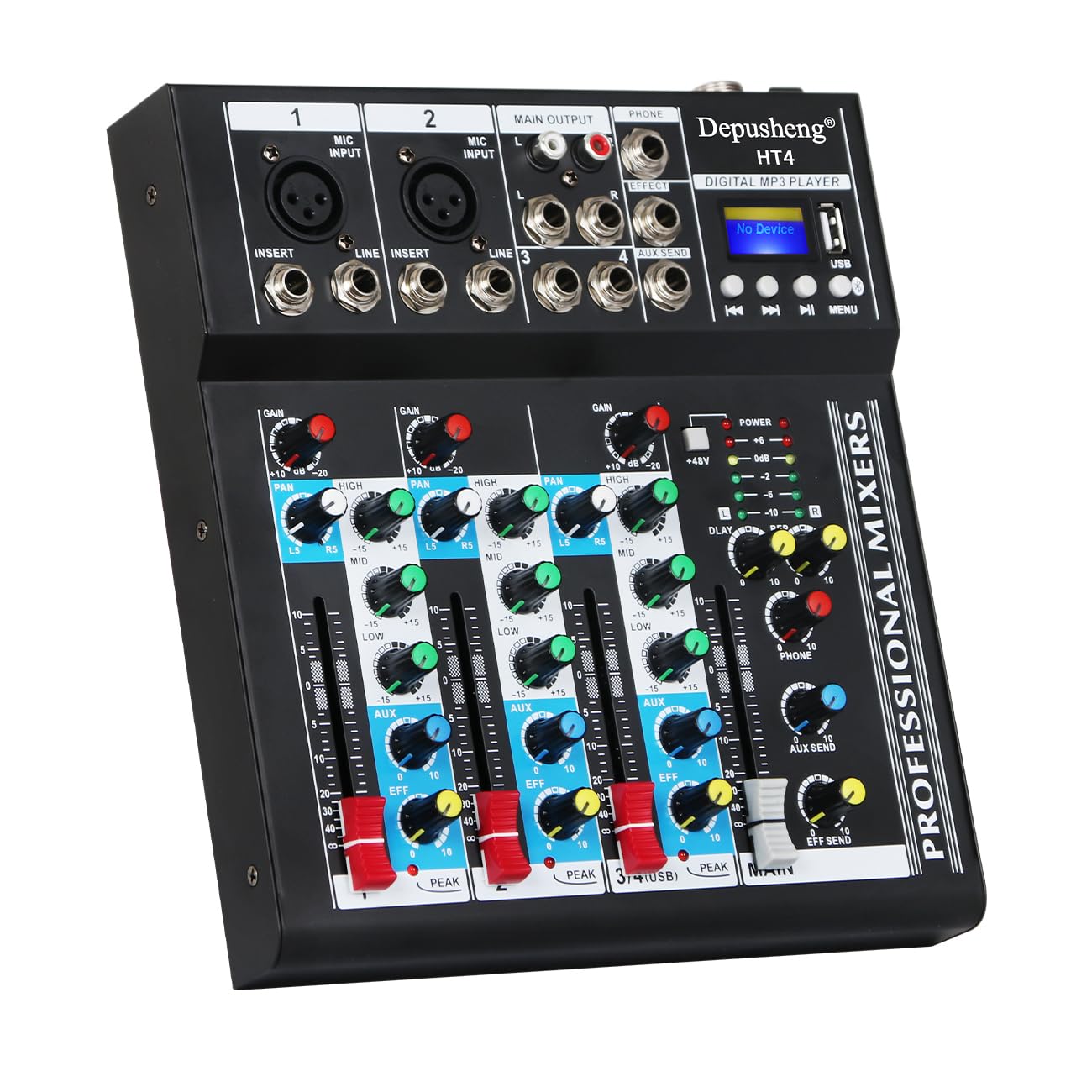 Depusheng HT4 Professional 4 canaux USB Jack mélangeur audio portable Bluetooth Live Studio Audio DJ Console de mixage sonore pour l'enregistrement sur ordinateur, bandes