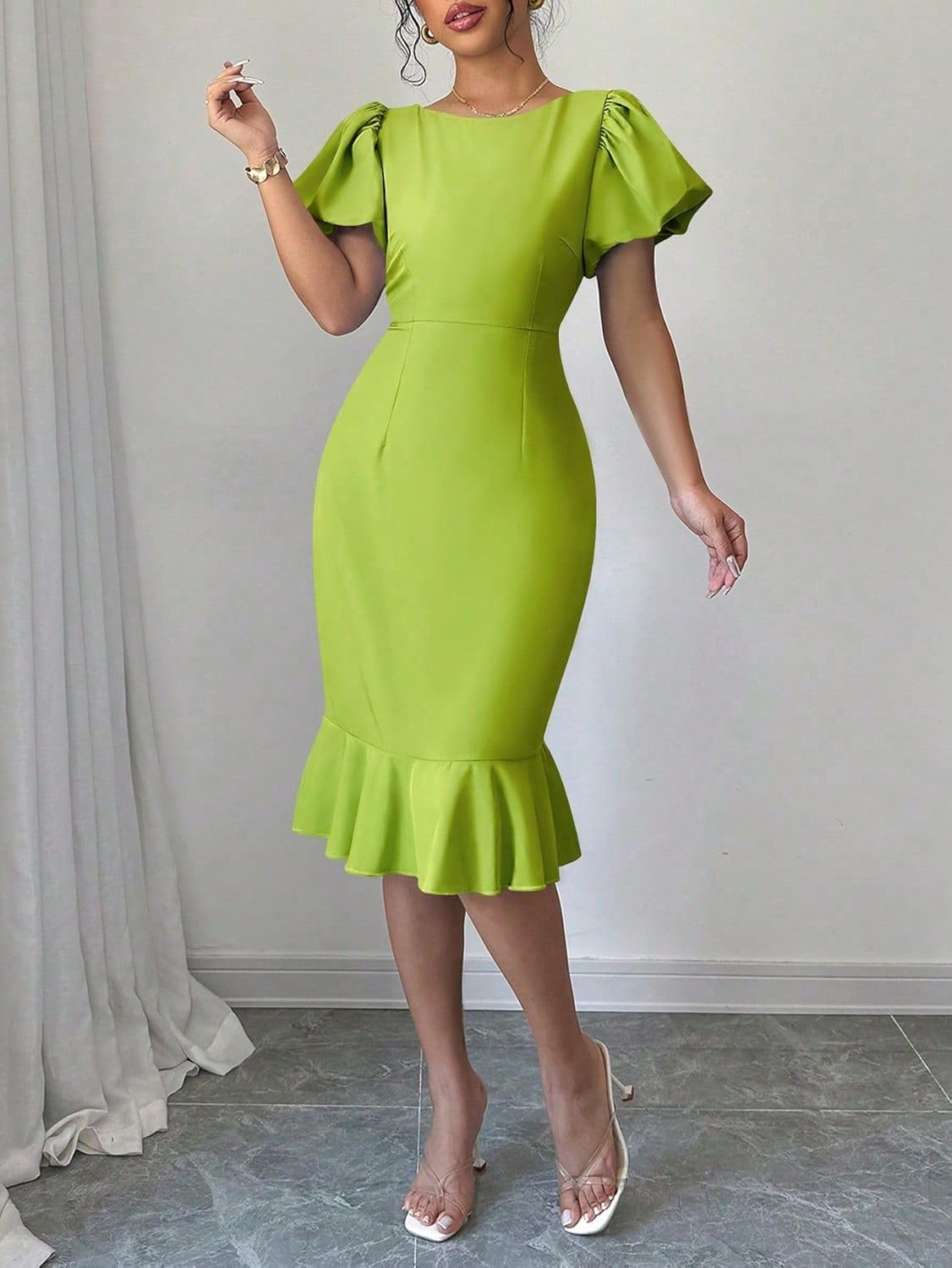Bodycon Midi Summer Dresses for Women 2025 Elegant Puff Sleeve Ruffle Trim Solid Color Pencil Dress Green L - Image 3