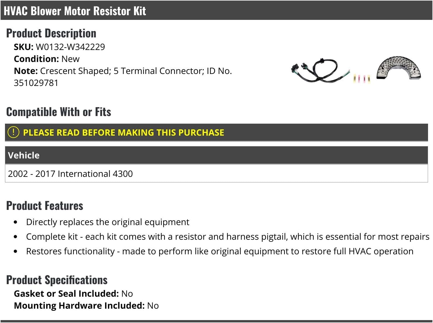 HVAC Blower Motor Resistor Kit - Compatible with 2002-2017 International 4300