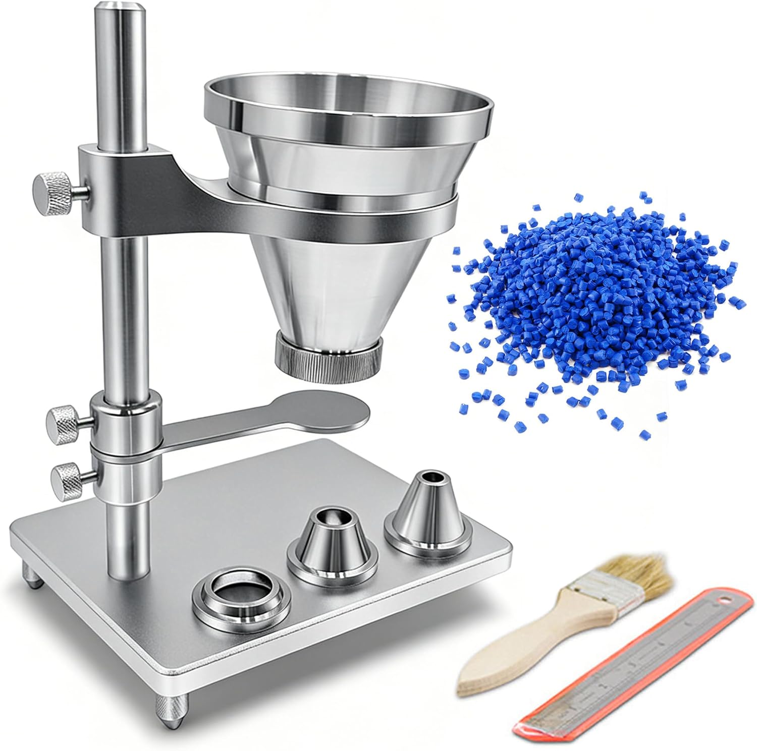 High-Precision Stainless Steel Powder Filler with Adjustable Height, Includes 10mm, 15mm, 25mm Nozzles, Ideal for Accurate Flow Rate of Powders and Granules