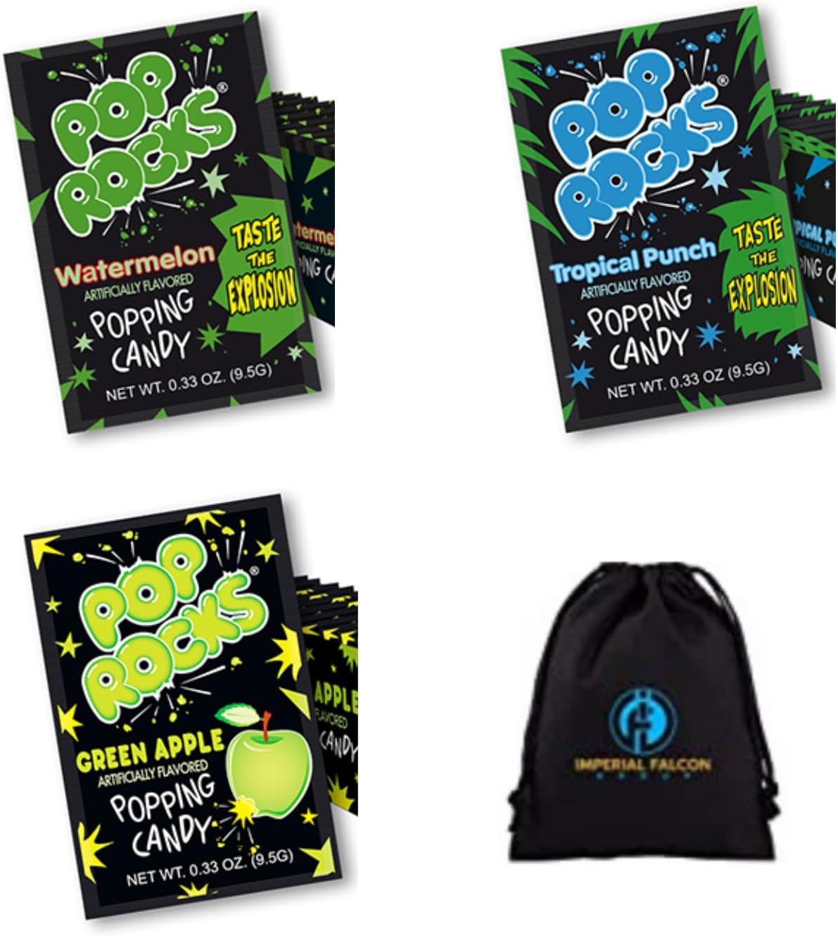 Pop Rocks Candy Variety 9 Pack with Imperial Falcon Carrying Bag (3 Each: Watermelon/Grn Apple/Tropical Fruit Punch)