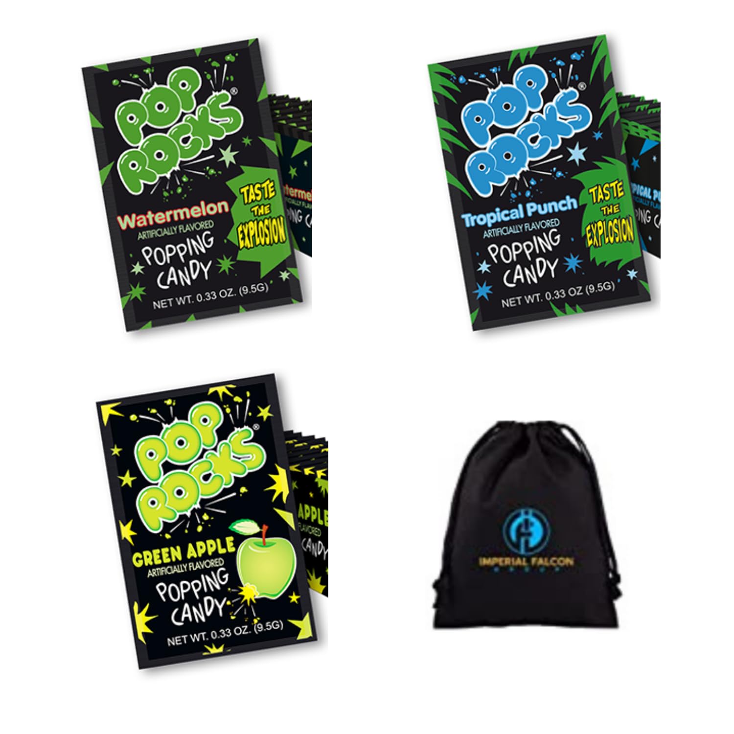 Pop Rocks Candy Variety 9 Pack with Imperial Falcon Carrying Bag (3 Each: Watermelon/Grn Apple/Tropical Fruit Punch)
