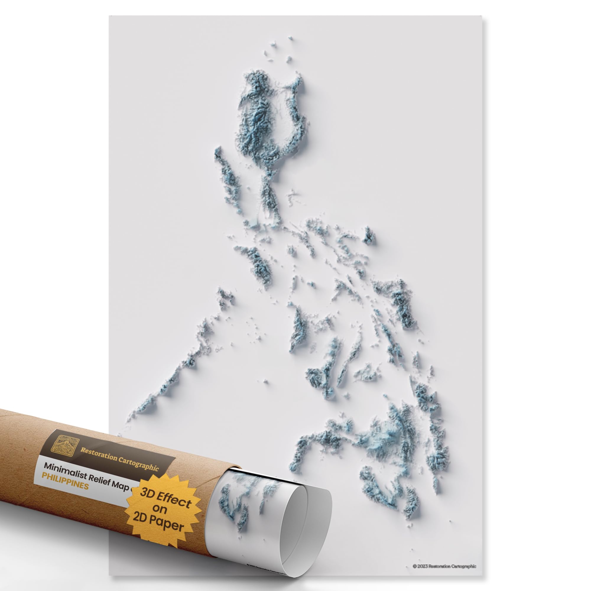Restoration Cartographic Wall Map of Philippines - Minimalist Shaded Relief Print - 2D Topographic Wall Art for Home Decor, Office - World Countries