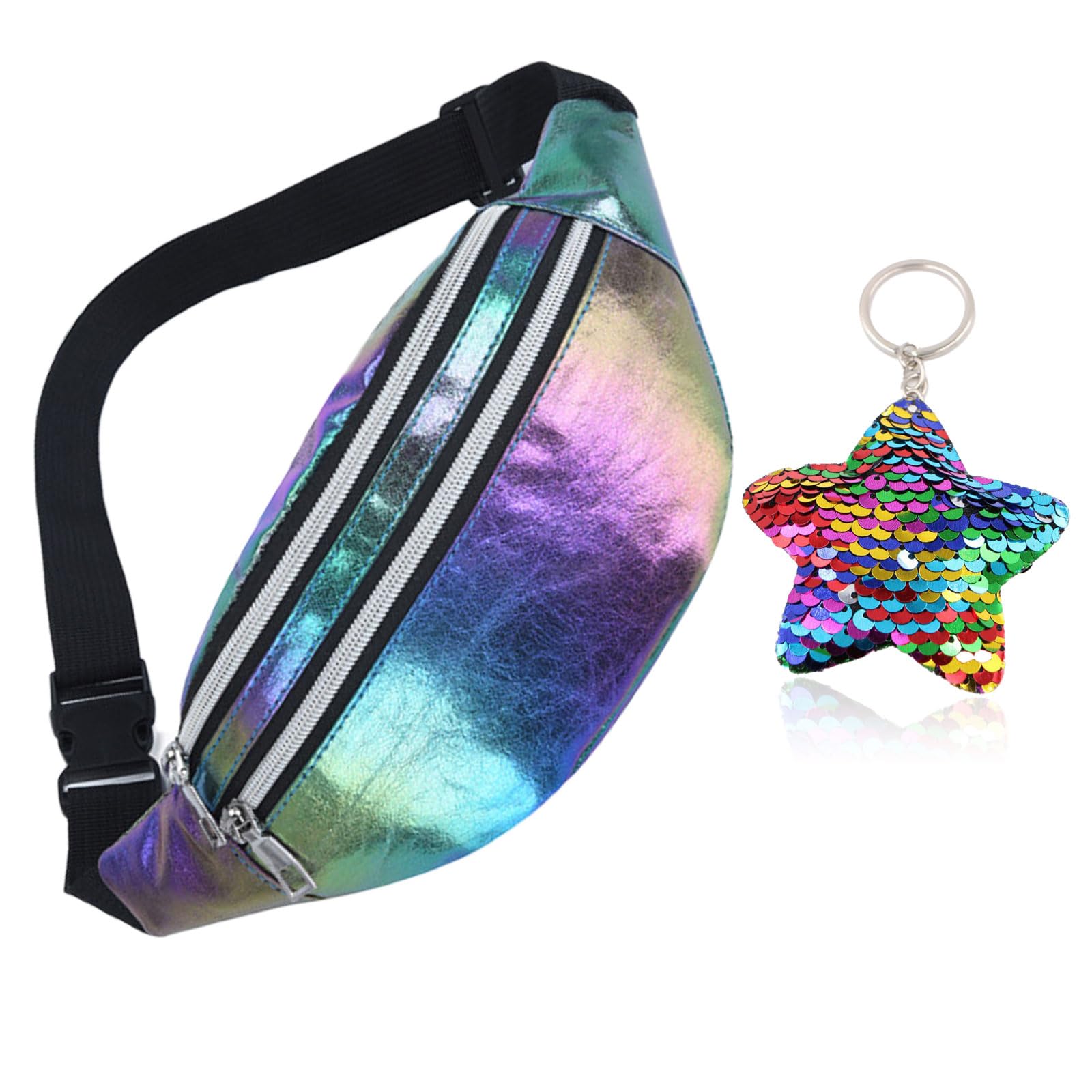 ANROI ANROI Riñonera Mujer Niña Riñoneras Holográficas de Color Brillante Riñonera Deportiva Viaje Marcha Brillante Riñoneras Multifuncional, Añade 1 Llavero de Mariposa