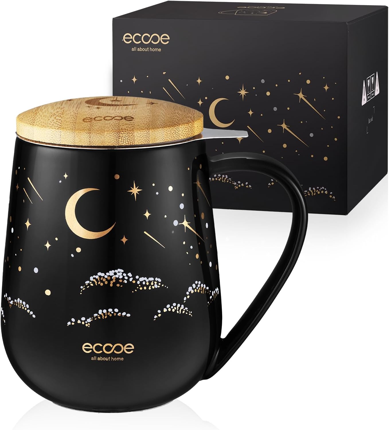 ecooe Tea Infuser Mug 20.3oz Ceramic Tea Cup with Removable Stainless Steel Infuser and Lid, 600ml Tea Mug for Loose Leaf Tea Coffee Milk, Gifts for Women Parents Friends Office Home (Black)