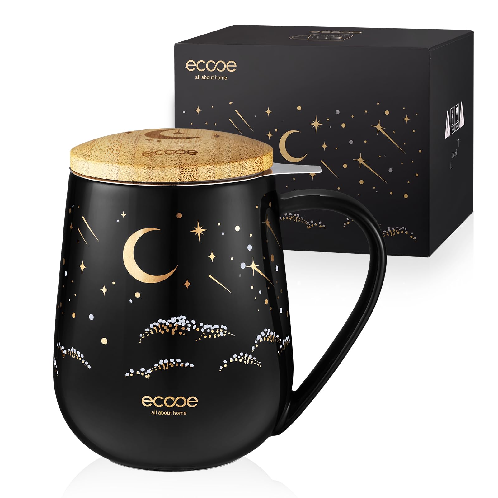 ecooe Teetasse mit Deckel und Sieb - 600 ml Keramik Tee Tasse Große Teetassen mit Edelstahl Teesieb und Deckel, Schwarz Keramik Teebecher Set mit Henkel für Losen Tee