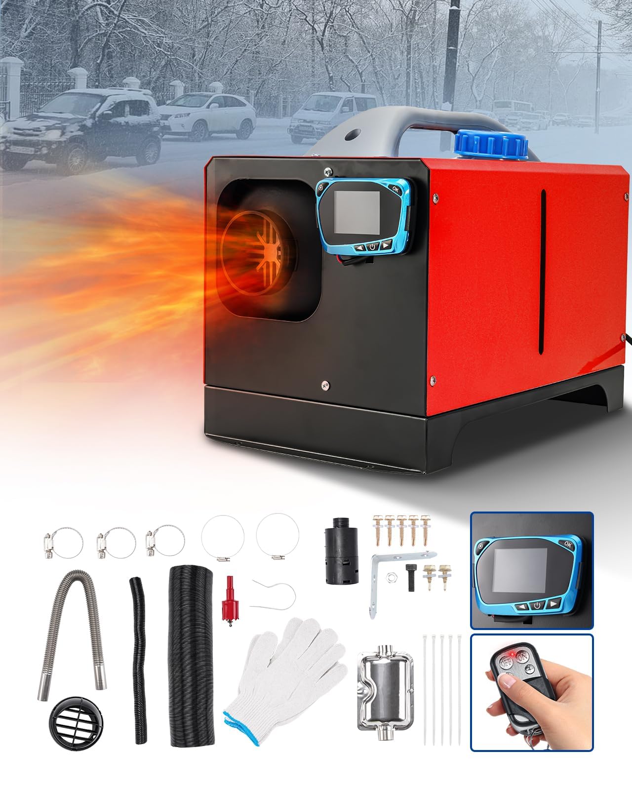 12 V 8 kW Nagrzewnica Diesla, Nagrzewnica powietrza Diesla z tłumikiem, Zdalne sterowanie przełącznikiem LCD, Przenośna nagrzewnica Diesla typu „wszystko w jednym” do przyczep kempingowych, ciężaró