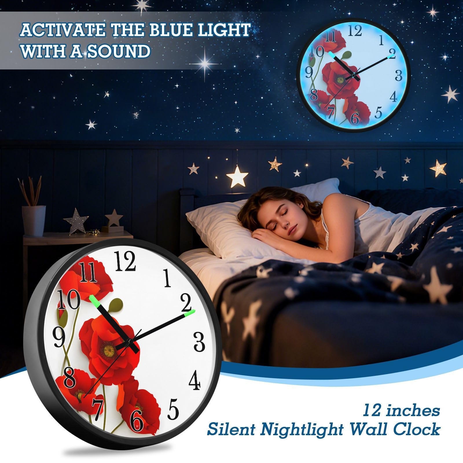 Mnsruu Reloj de pared luminoso con diseño de amapola roja y flores blancas, reloj de pared que brilla en la oscuridad, funciona con pilas, silencioso, sin tictac, luz nocturna para dormitorio