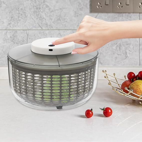 6L/6.34QT Electric Vegetable Dryer Fruit Vegetable Washer Dryer with USB Cable & Draining Basket Electric Salad Spinner for Dehydrating Storing Lettuce Tomatoes 6W 3.7V, Gray+White