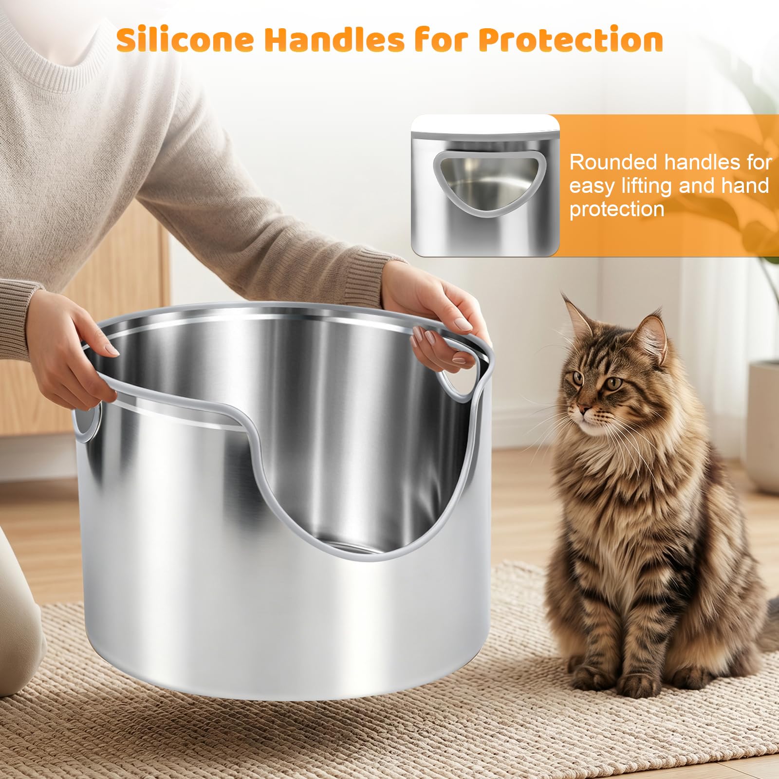 Homegroove Caja de arena redonda de acero inoxidable, caja de arena de metal de doble cara alta para gatos grandes, a prueba de fugas y fácil de limpiar, con cuchara de acero inoxidable