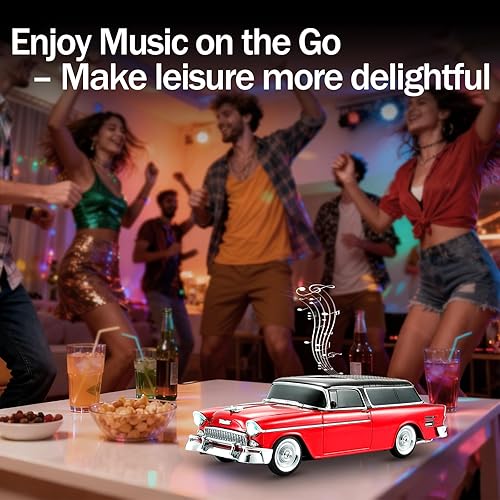 Miniatura 5 de Altavoz Bluetooth retro clásico modelo de automóvil con luz ambiental LED, emparejamiento estéreo TWS, ruedas móviles, sonido HD, altavoz