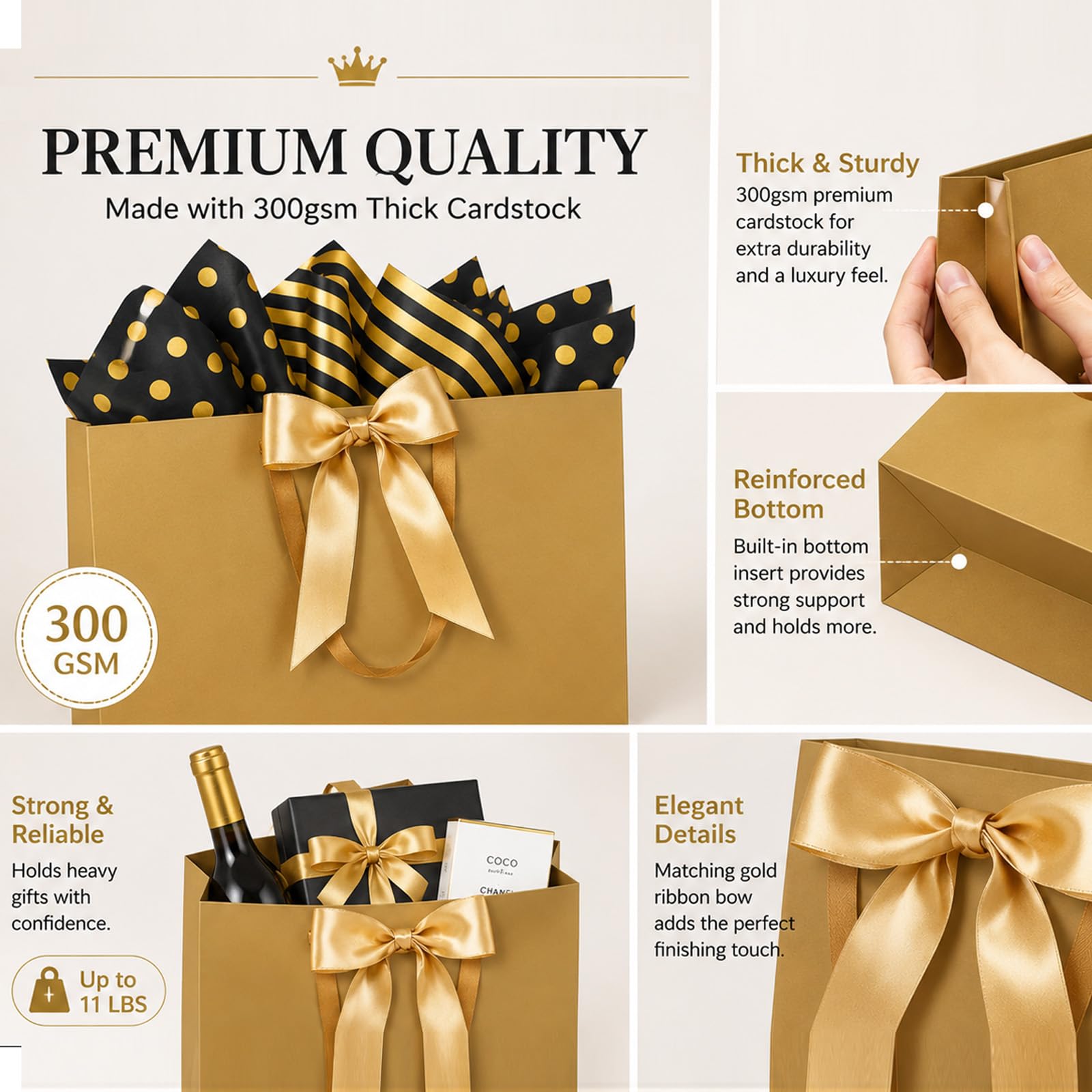 THXIY Sacchetti regalo extra large oro 15,75, 10 pezzi, 40 x 30 x 12,5 cm, set di sacchetti regalo grandi con biglietti di carta velina, 300 g, sacchetti regalo riutilizzabili per compleanno