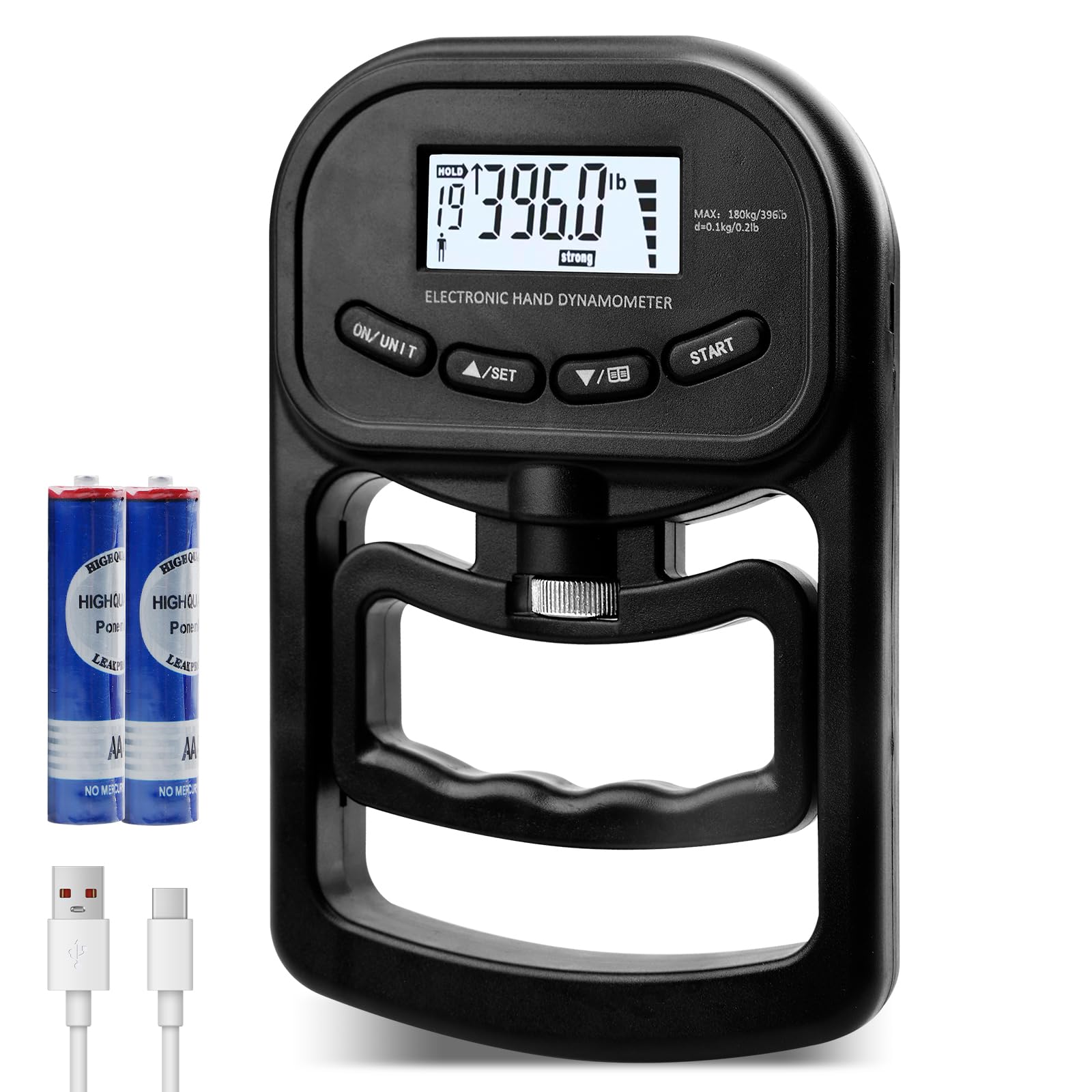 Digitales Handdynamometer: Hand Dynamometer mit LED-Bildschirm 396lb/180Kg, Electronic Hand Grip Strength Tester Grip für Sportler und Heimgebrauch