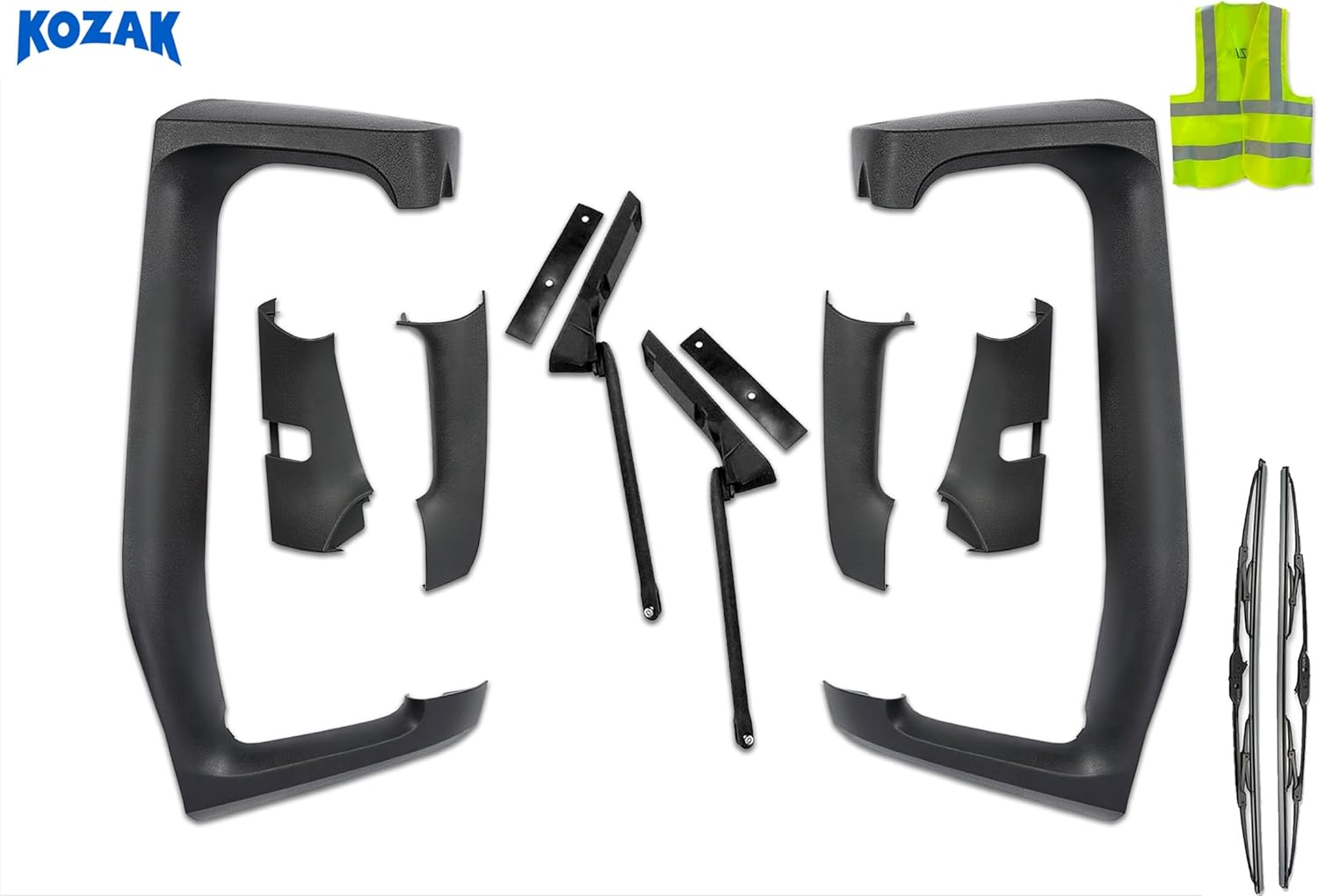 KOZAK Mirror Arm Covers with Support Brackets Set, Right Passenger and Left Driver Side, Compatible with Volvo VNL 2004-2017, Includes Logo, 2x 22" Windshield Wipers, and Reflective Vest