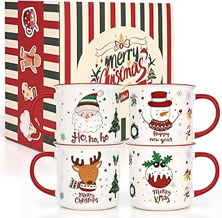 YHRJWN Christmas Mugs Set of 4, Festive Design Coffee Mugs with Santa Sn...