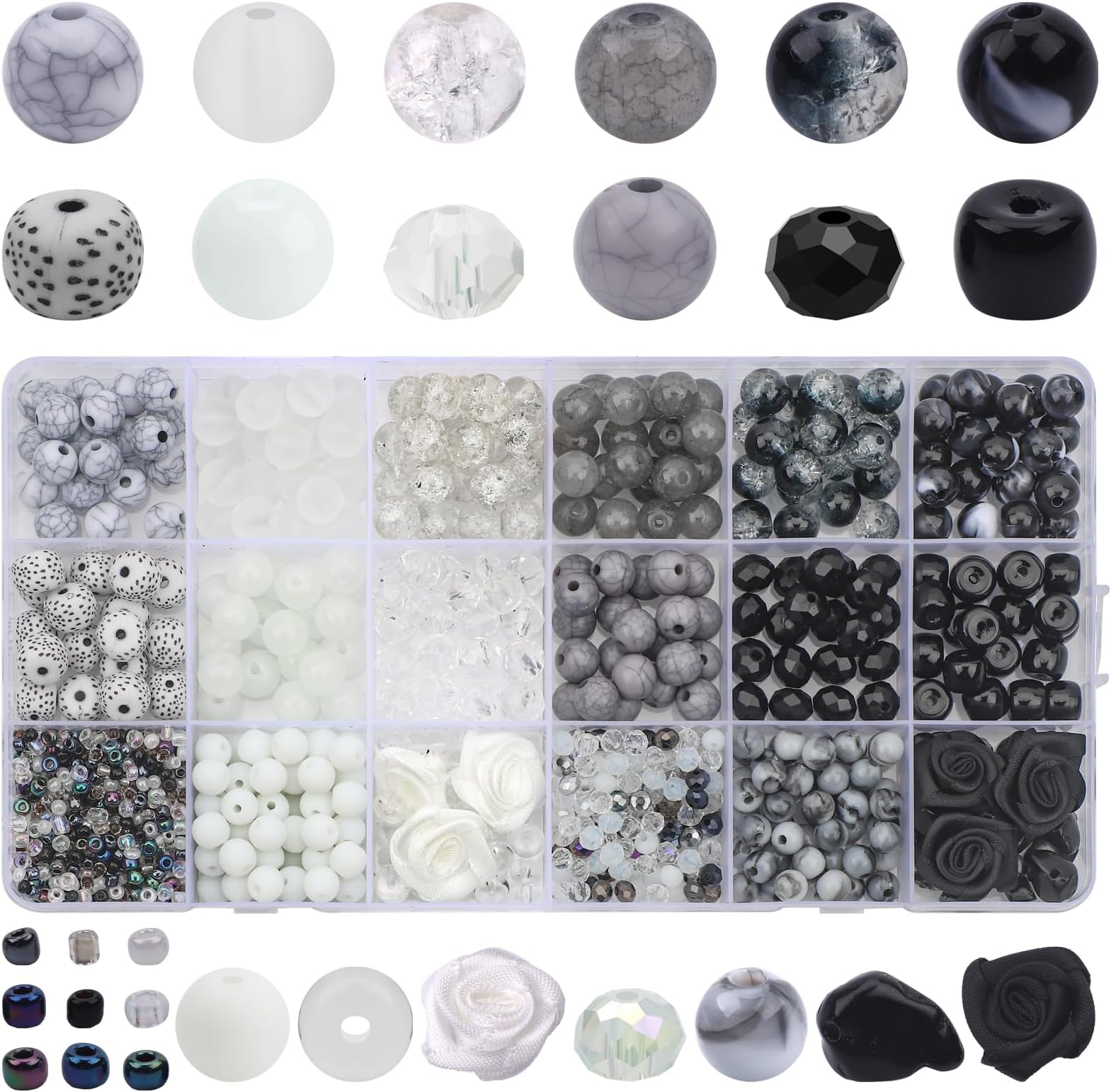 1018pcs Beads for Jewelry Making 8mm Glass Beads Black White Color Round Loose Spacer Beads for DIY Craft Bracelet Necklace Earring