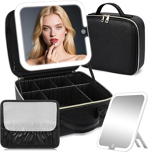 Bolsa de maquillaje de viaje, bolsa organizadora de cosméticos con espejo iluminado magnético grande, estuche de maquillaje con espejo y luces, 3