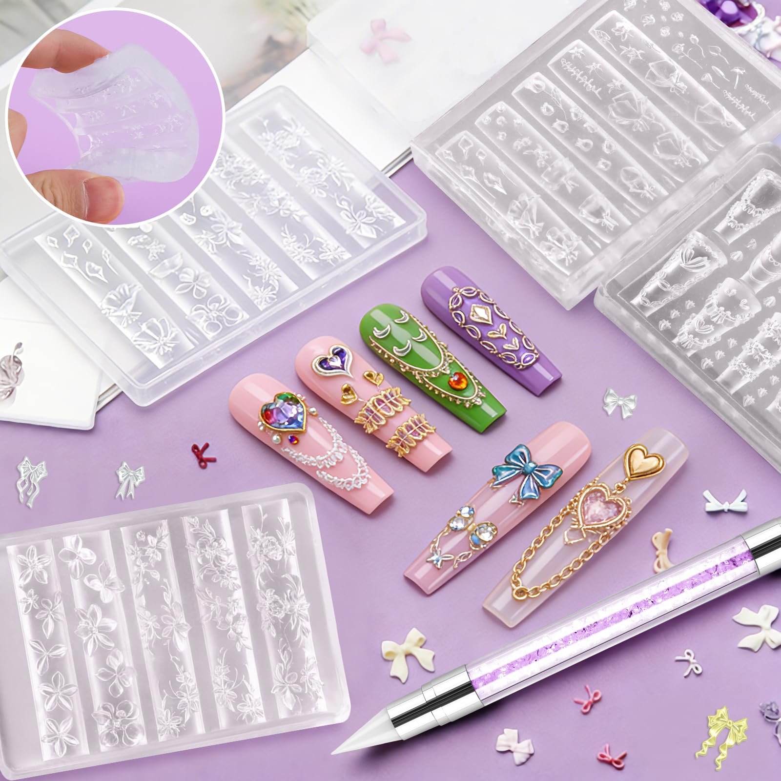 EBANKU 4PCS Moules Silicone pour Nail Art, 3D Fleurs Moules à Charmes d'ongles avec Stylo à Gravure Dentelle Nœud papillon Fleurs Design pour Manucure DIY
