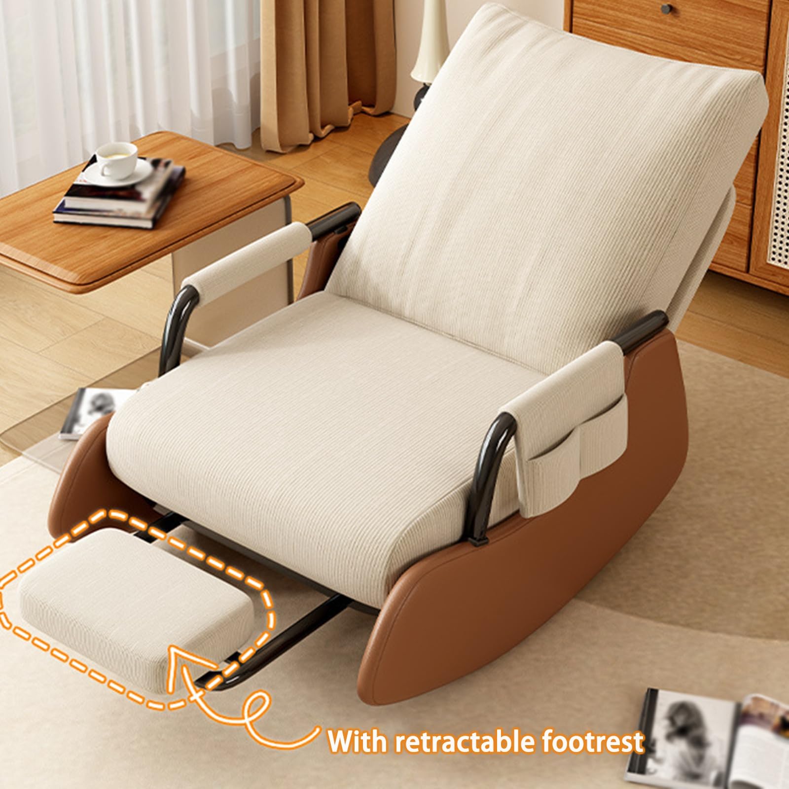 Mecedora de lactancia con reposapiés plegable y bolsillo lateral, sillón ajustable con respaldo alto para un fácil montaje en la sala de estar