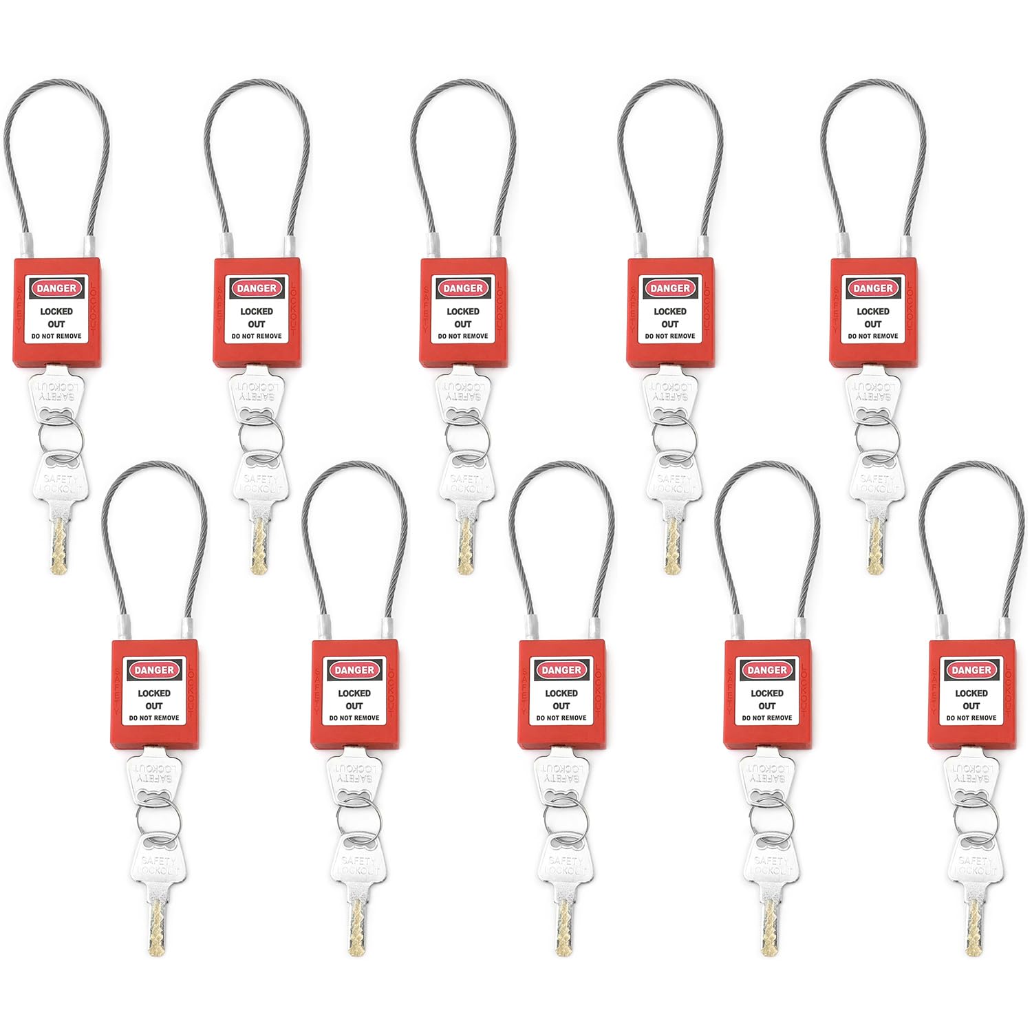 QWORK Lockout Tagout Stahl-Kabelschlösser, 10 Stück, kompaktes Kabel-Vorhängeschloss mit 20 Schlüsseln, rot schließend, verschiedene elektrische Verriegelungen