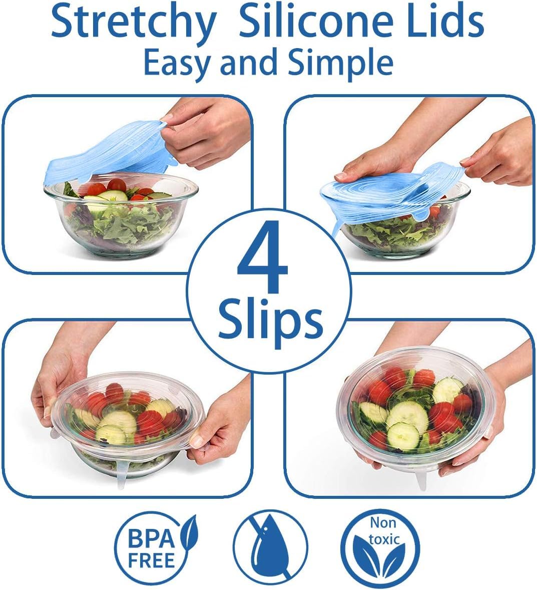 Paquete de 12 tapas elásticas de silicona, duraderas y ecológicas, reutilizables, resistentes al calor, varios tamaños, para cuenco (azul)