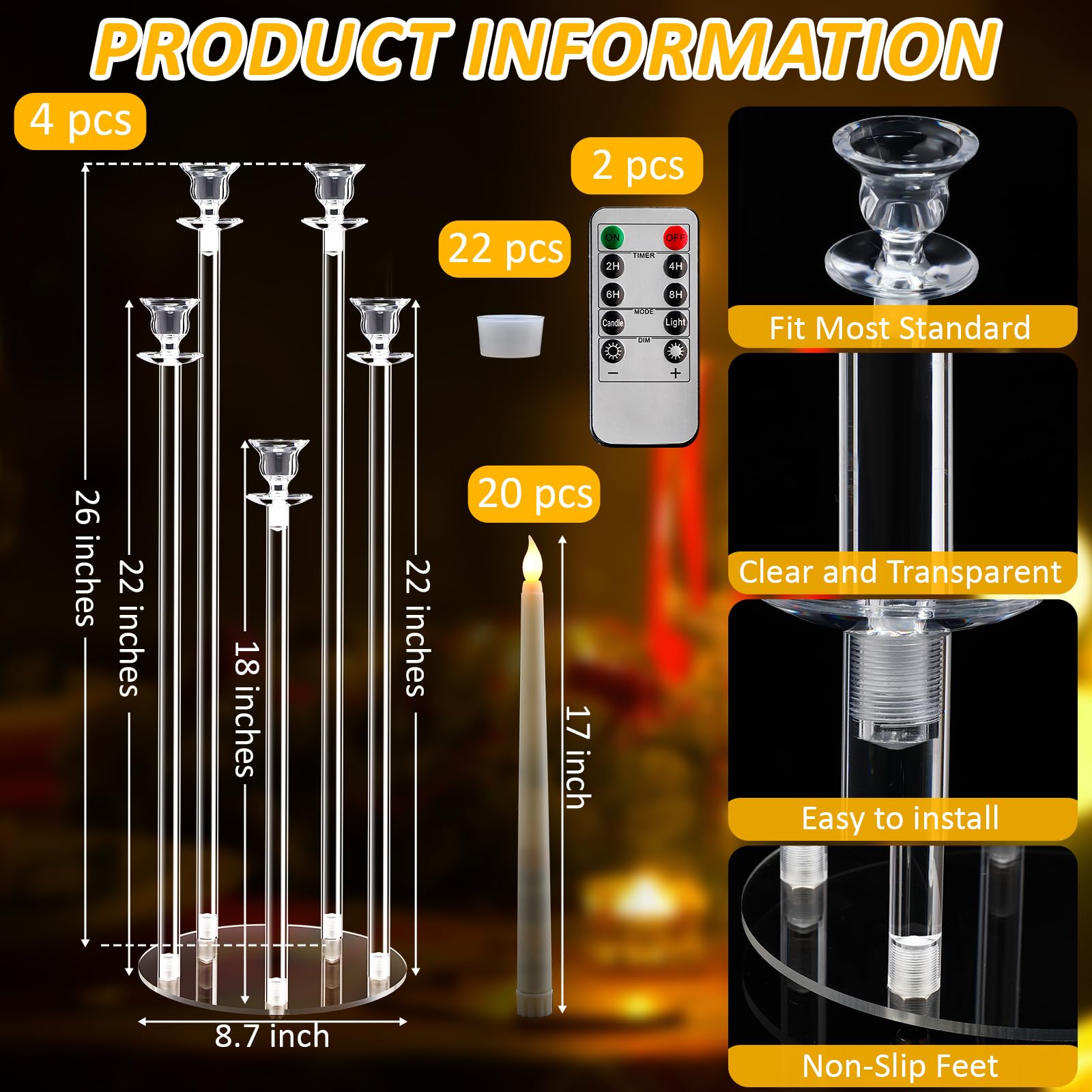 Barydat Juego de 4 candelabros acrílicos de 5 brazos para bodas, candelabros transparentes con 20 velas LED, 2 temporizadores remotos, 22 anillos de goma para Halloween, Navidad, fiesta, cena,