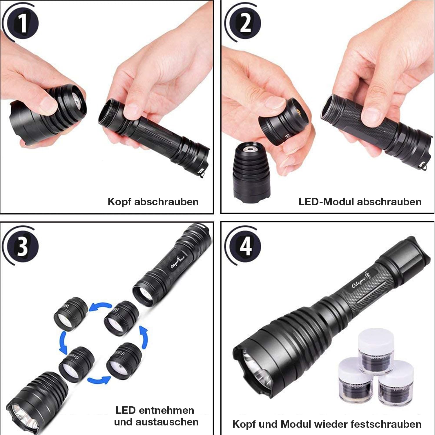 KL41 Plus LED Taschenlampe mit 4 Wechsel-LEDs,384m Beam für Outdoor | Weitreichend, Niedrig/Mittel/Hoch/Strobe/SOS,Rot+Grün+IR850+Weiß, Taktische Lampe,Fernschalter, für Outdoor, Camping, Wandern
