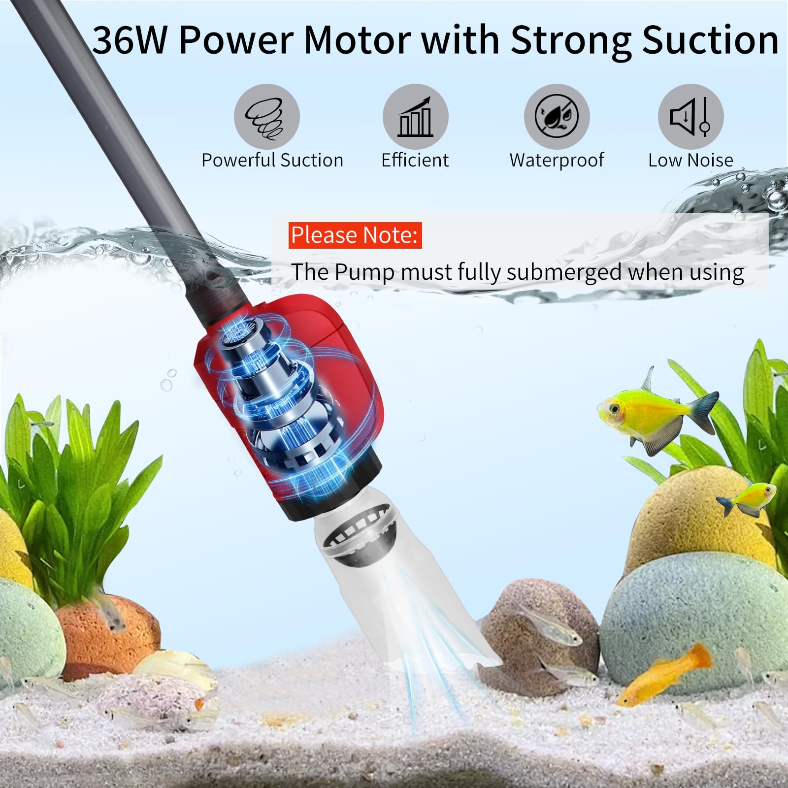 Aspiradora eléctrica de grava de acuario de 36 W, 6 en 1, multifunción, automático, para arena de lavado, cambiador de agua y circulación