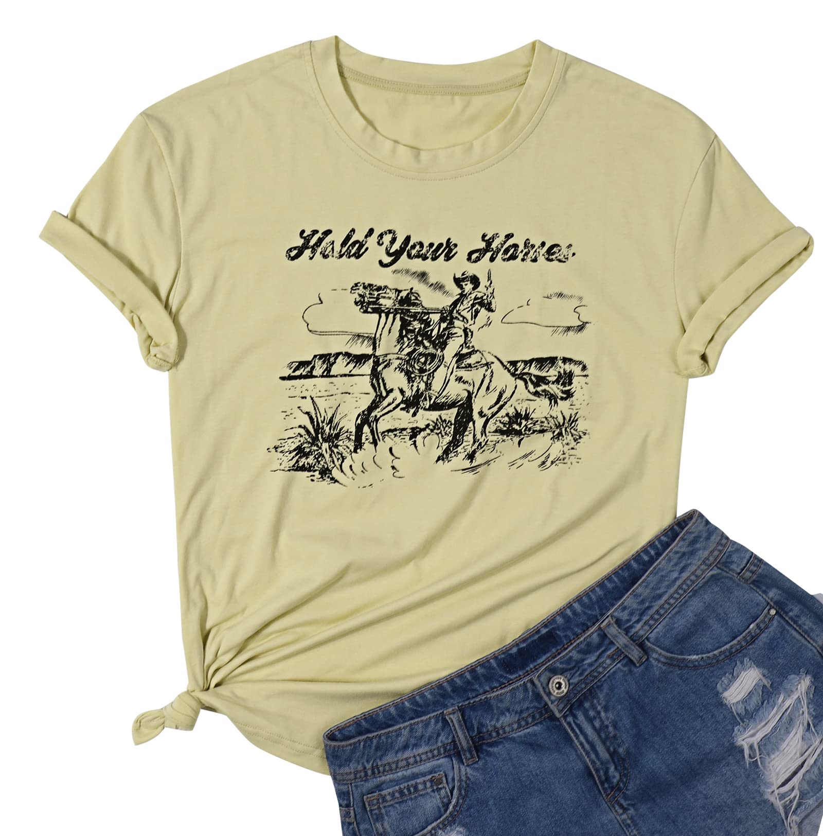 FAYALEQHold Your Horses T Shirt Women Funny Rodeo Graphic Tees Vintage Cowboy Vacation Short Sleeve Shirts Tops, Beige 1, S