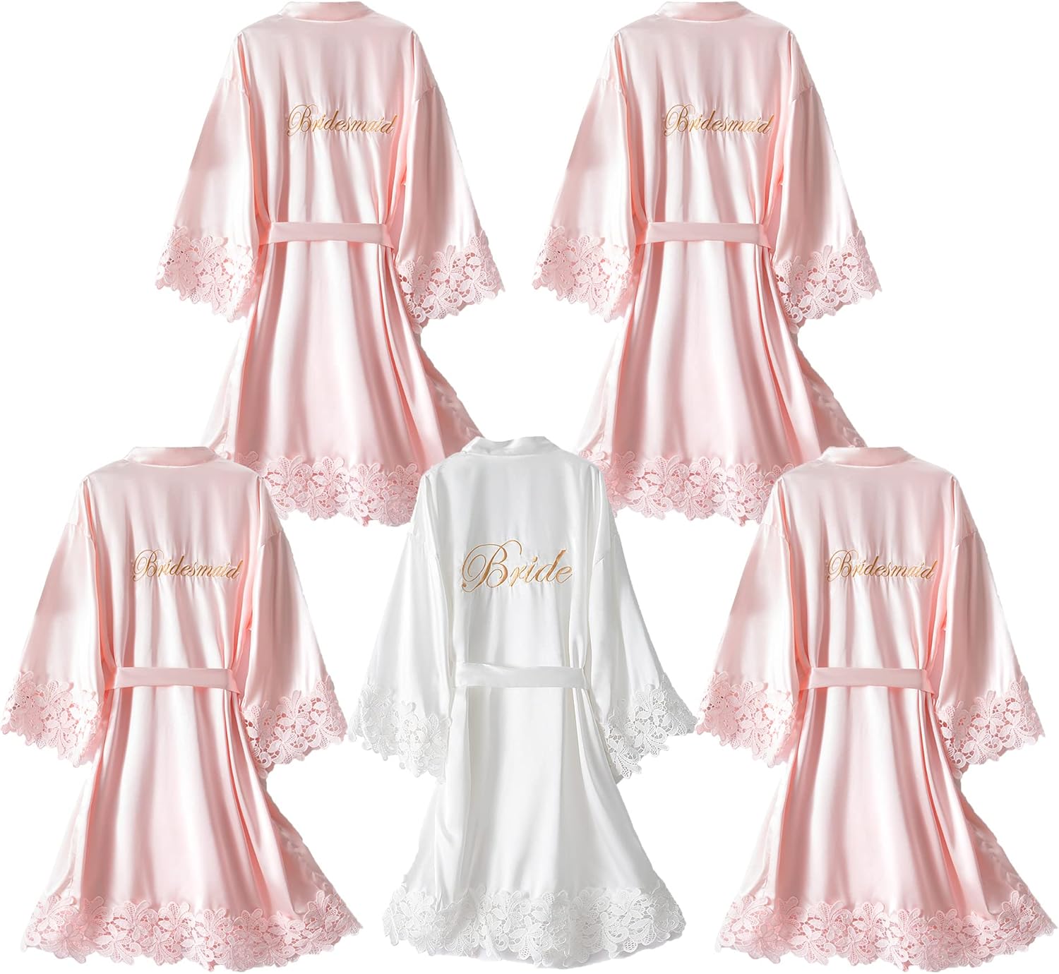 5 Pcs Bridesmaid Kimono Robe Sets Bride Silky Wedding Day Bathrobe with Lace Trim Embroidered Getting Ready