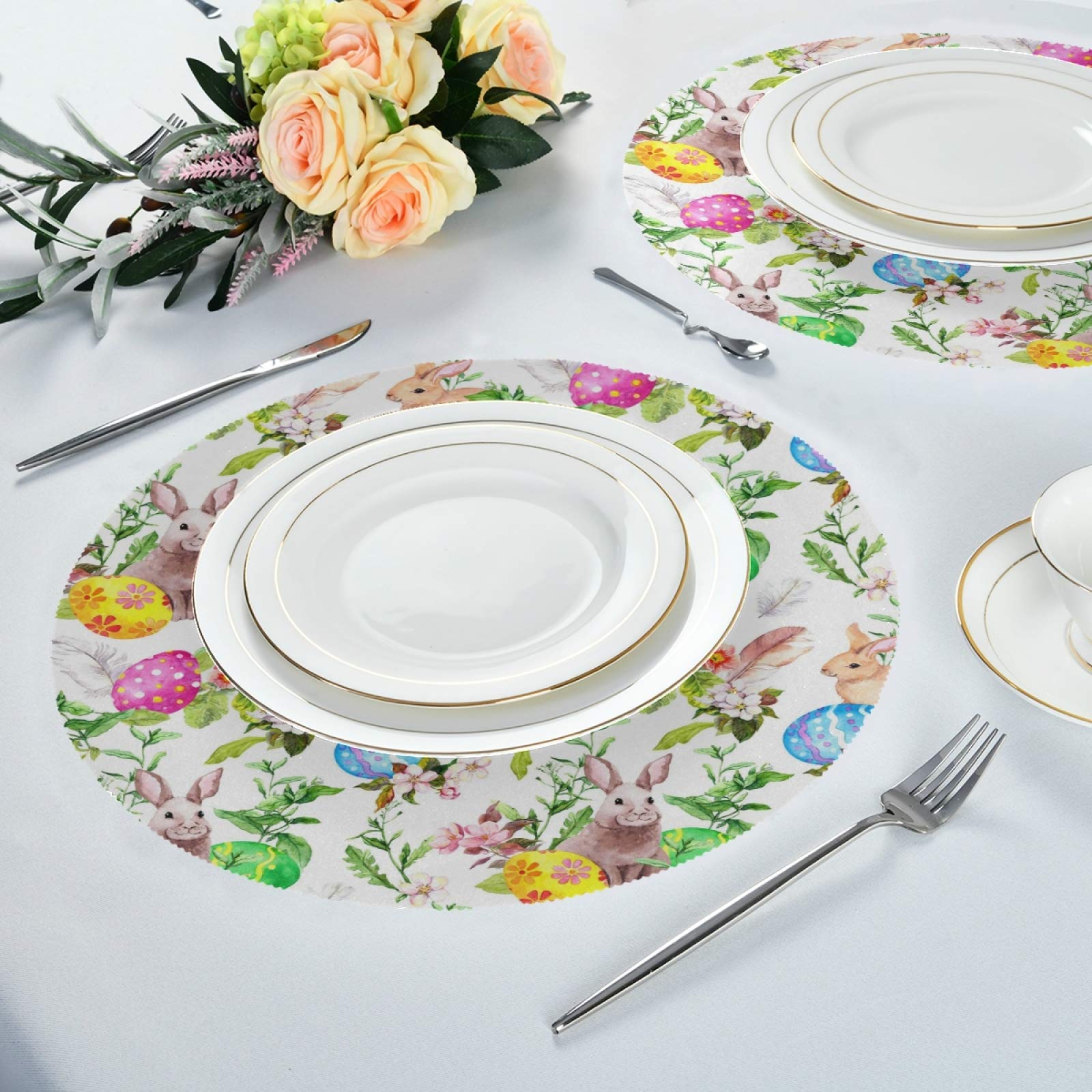 Set De 4 Nappes Rondes Lavables Arquiel - Motif Pâques Lapin & Œufs - 36x36cm - Antidérapant & Résistant à La Chaleur