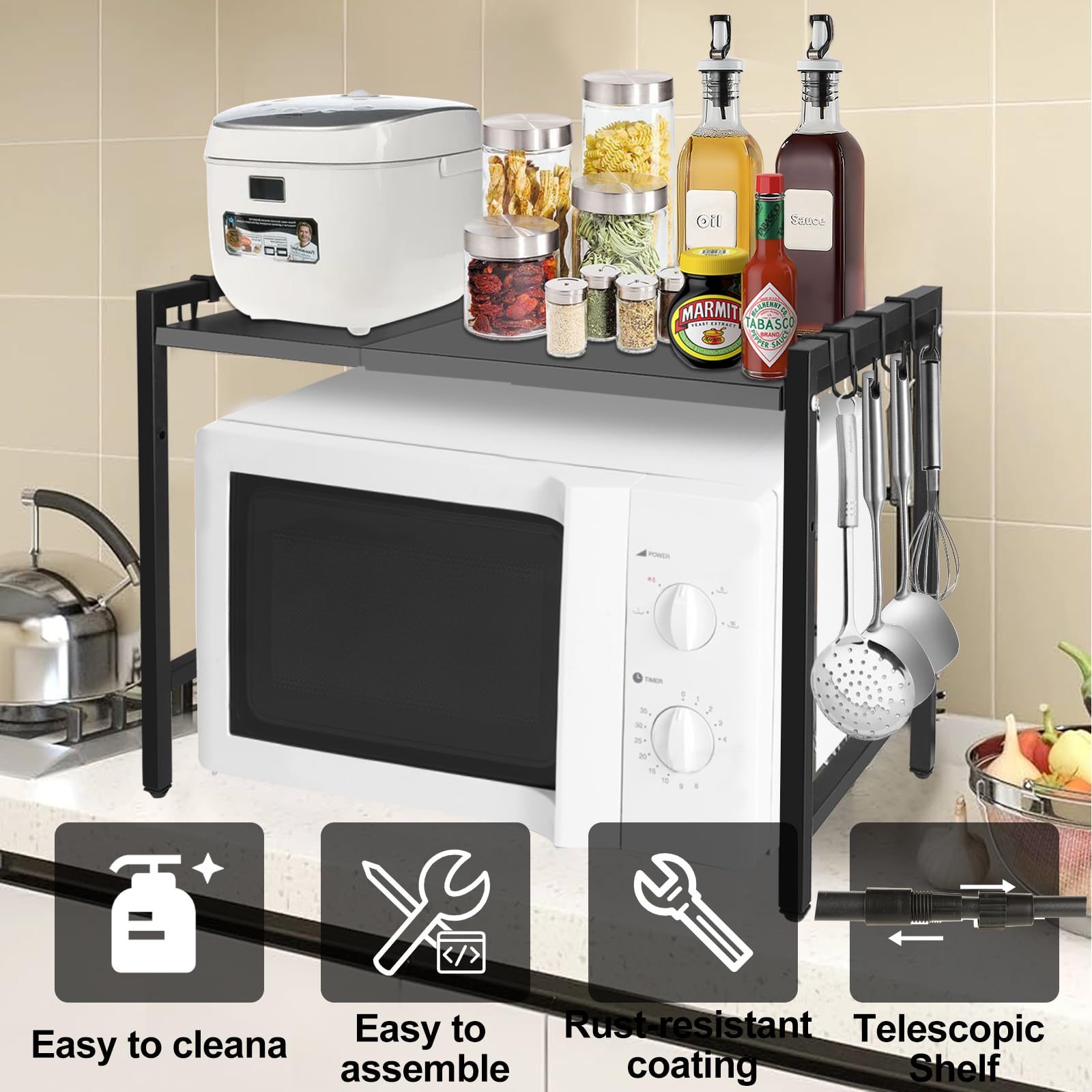 ASelected Expandable Microwave Oven Rack Height Adjustable 2 Tier Kitchen Counter Shelf Rack 6 Hooks Width 40 or 60Cm Black - Image 3