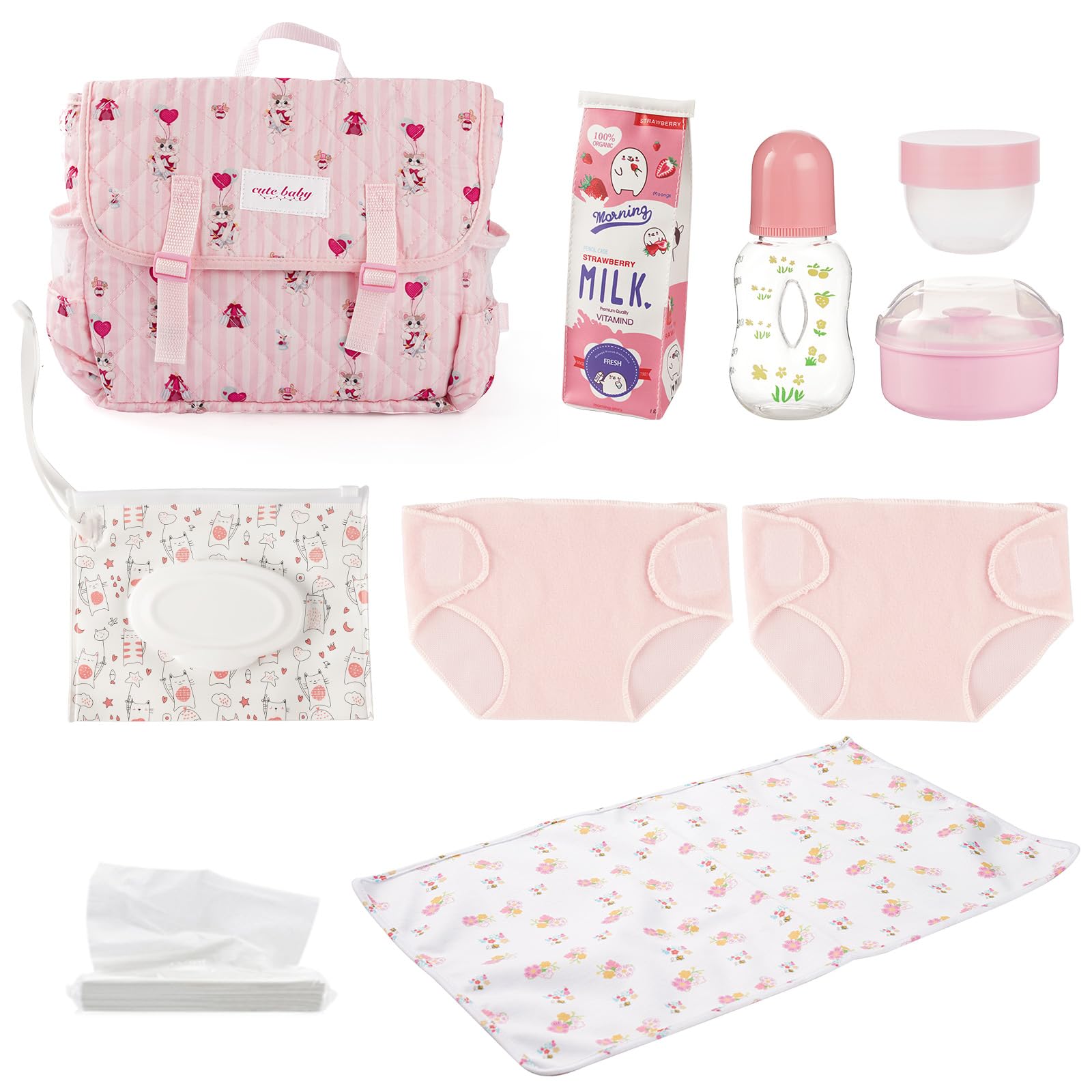 BABESIDE 10 Pcs Reborn Doll Accessories Set for 17-22 Inch Dolls, Feeding and Care Set, Including Diaper Bag, 2 Diapers, Great for Children's Pretend Play (Dolls not Included)