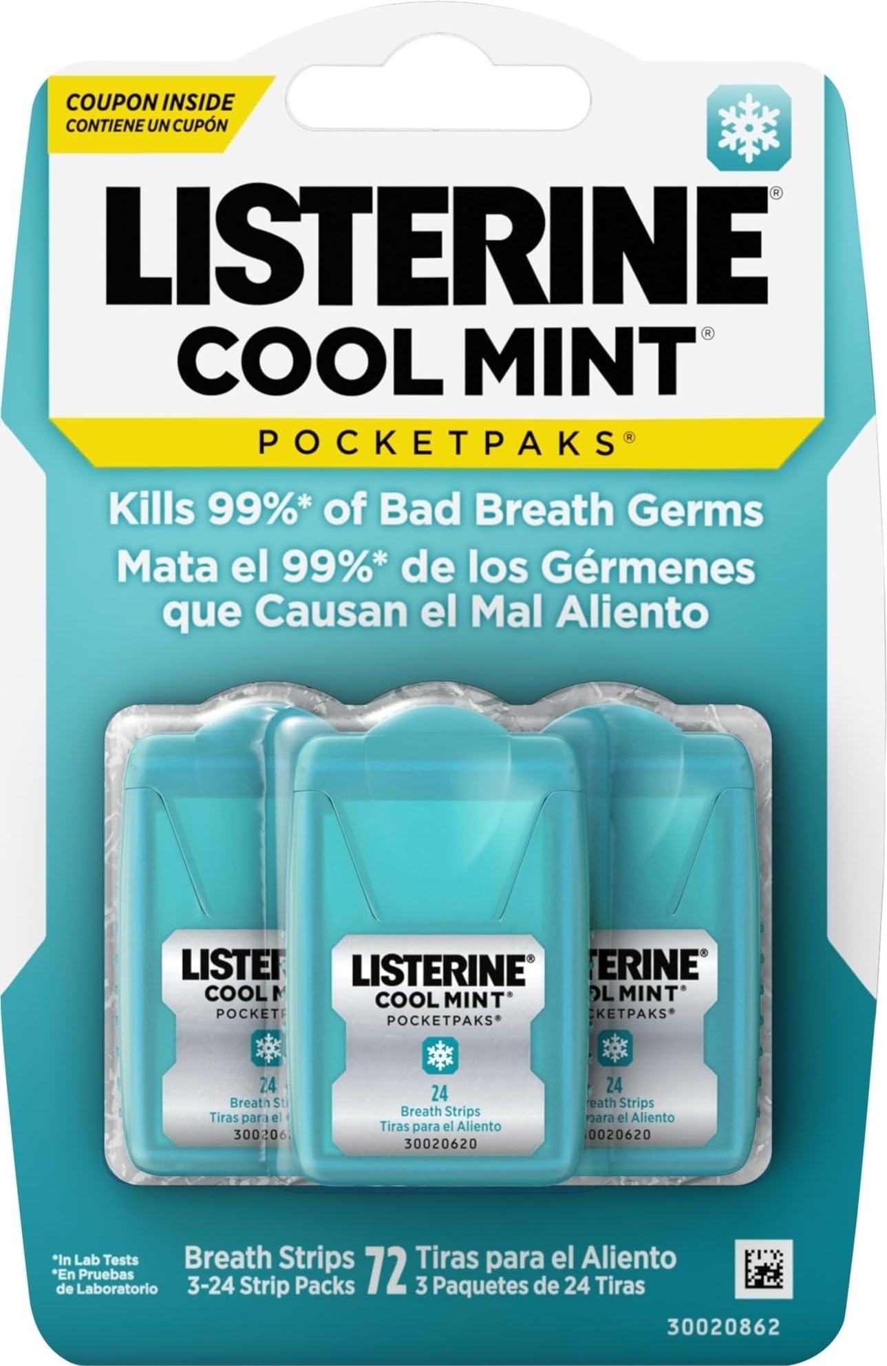 Listerine PocketPaks Breath Strips, Cool Mint, 24-Strip Pack, 3 Pack | Breath Freshener, Dissolves Instantly, Kills 99% of Bad Breath Germs, Travel Essentials