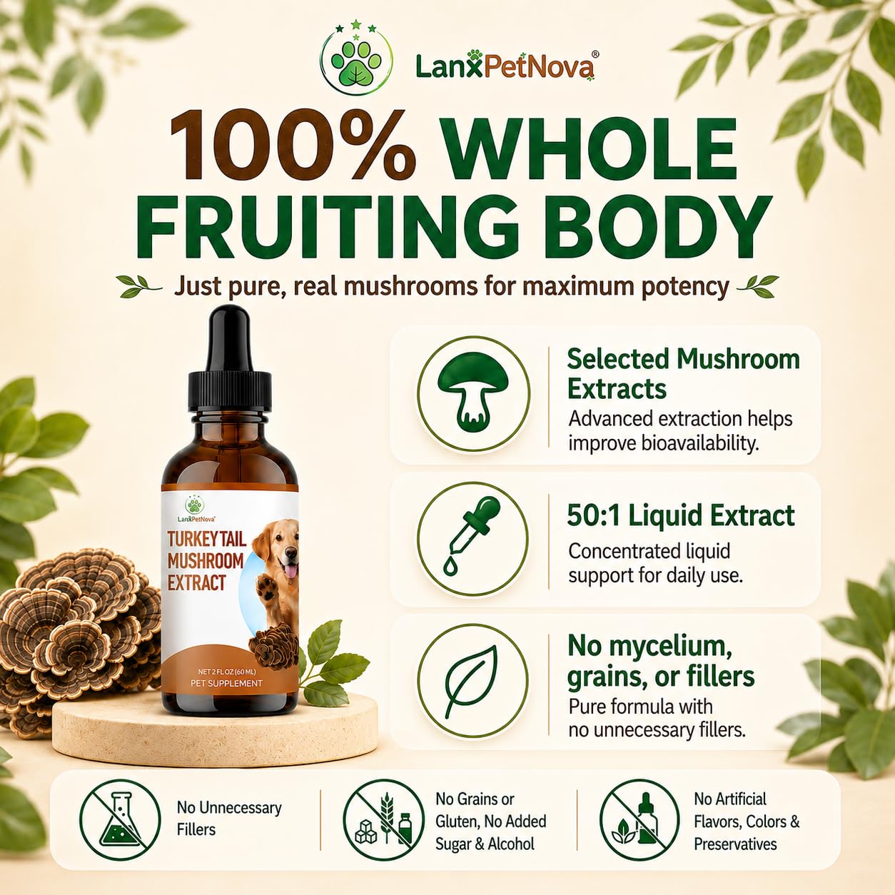 Extracto de Hongo Cola de Pavo para Perros y Gatos, Gotas Líquidas con Reishi, Chaga y Omega-3, para Mascotas Mayores, Sensibles y Debilitadas, Apoya el Sistema Inmunológico, Digestión, Vitalidad