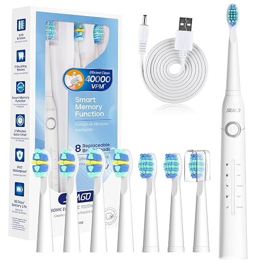 Seago Adult Electric Toothbrush, 5 Cleaning Modes, 8 Heads 40,000 VPM, Travel Toothbrush, USB Charging, 4 Hours Charging for 30 Days, SG-958 (White)