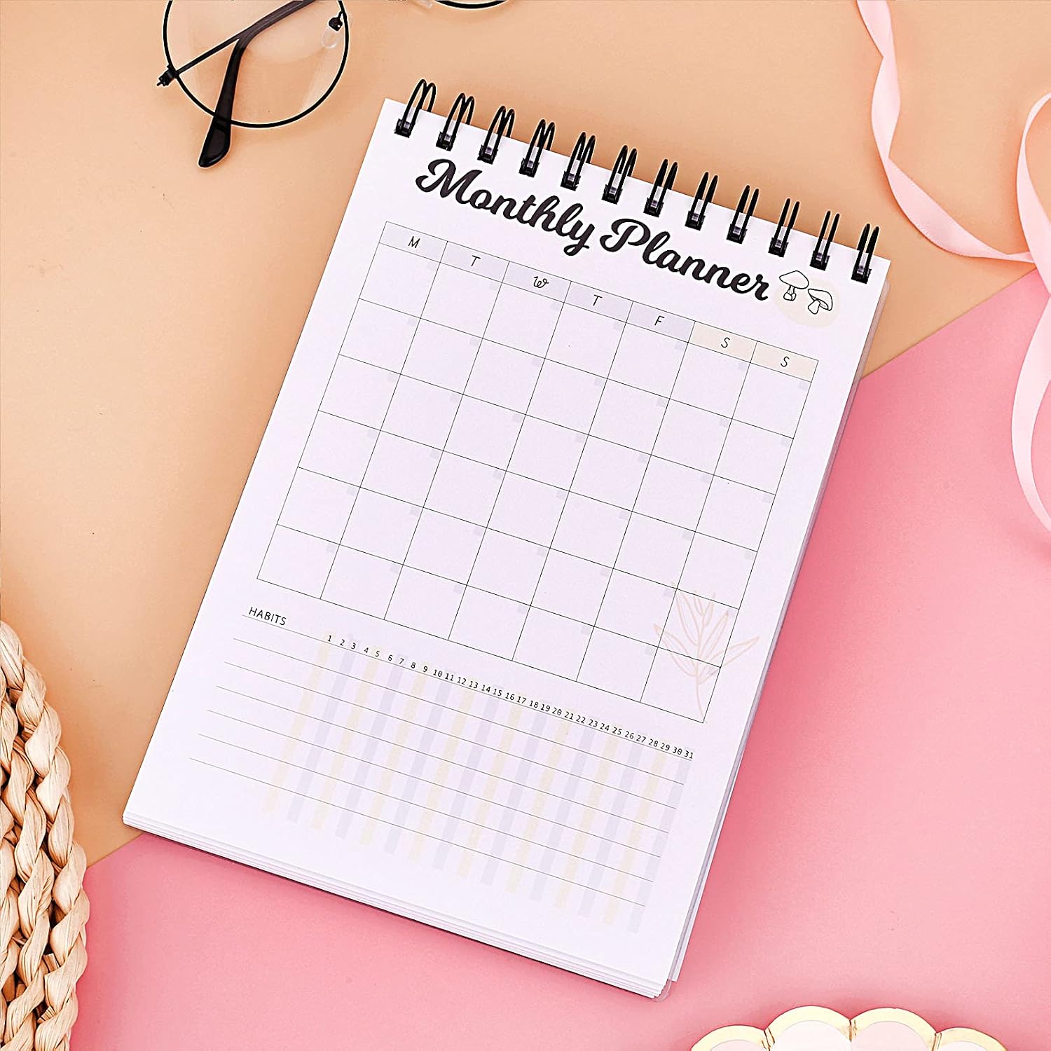 Spiral Binding A5 Undated Planner by 1 Sheet Yearly Goal Planner, 3 Sheets Monthly Planner, 15 Sheets Weekly Planner & 95 Sheets Daily Planner, 6.5"×8.7" To Do List Notepad with Durable Front and Rear Covers - 2 Pack (Flower)