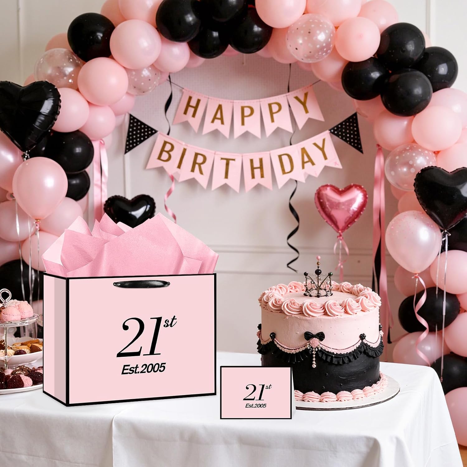 Yoirrat Est. 2005 21st Birthday Gift Bag for Her Women with Wrapping Tissue Paper & Card Large Pink Black 21st Gifts Bag Happy Twenty One Bday Party Favors Supplies Present for Daughter Friend Sister image 2