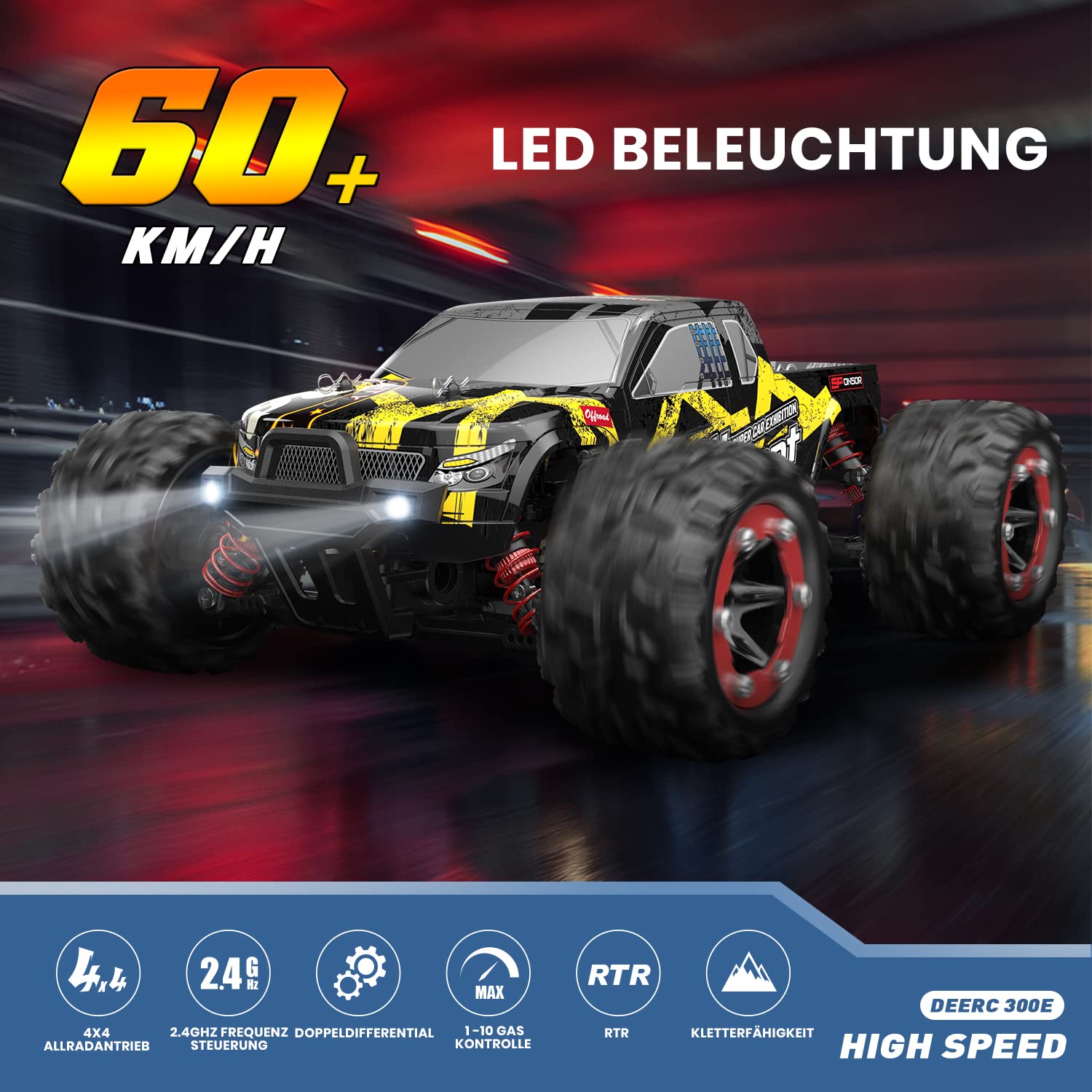 Deerc - Auto telecomandata in scala 1:18, motore brushless 60 km/h, auto da corsa veloce 4WD con 2 batterie per 40 minuti di durata, 2,4 GHz, 2 carrozzerie per adulti e bambini, 300E
