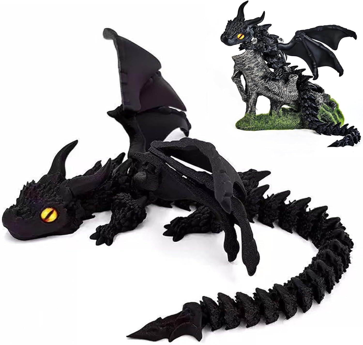 PPYQD 3D Printed Dragon Model with Eyes & Wings, Flexible Articulated 3D Printed Animals Crystal Desktop Dragon Figures, Home Car Decor（11.8 Inches）