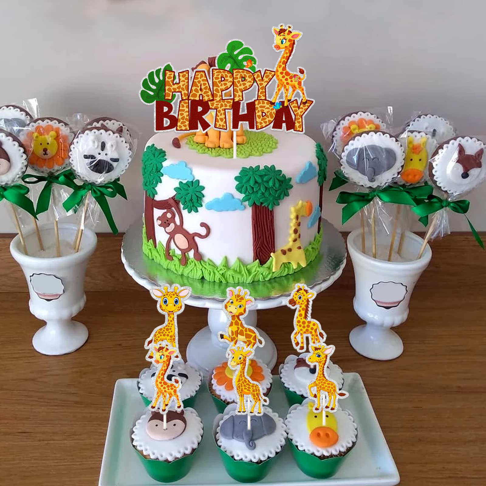 Giraffe Birthday Cupcake Toppers – 7-Piece Jungle Safari Cake Decorations – Wild One Party Supplies For Baby Boy Or Girl - View #3