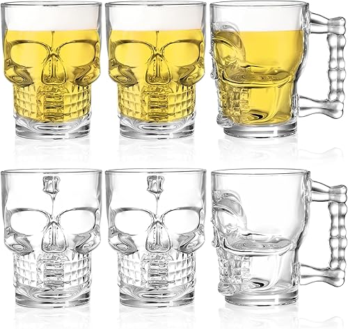 Hacaroa Paquete de 6 tazas de cerveza de cristal de calavera de 17 onzas con asa, base pesada, divertida taza de cerveza, vasos transparentes para